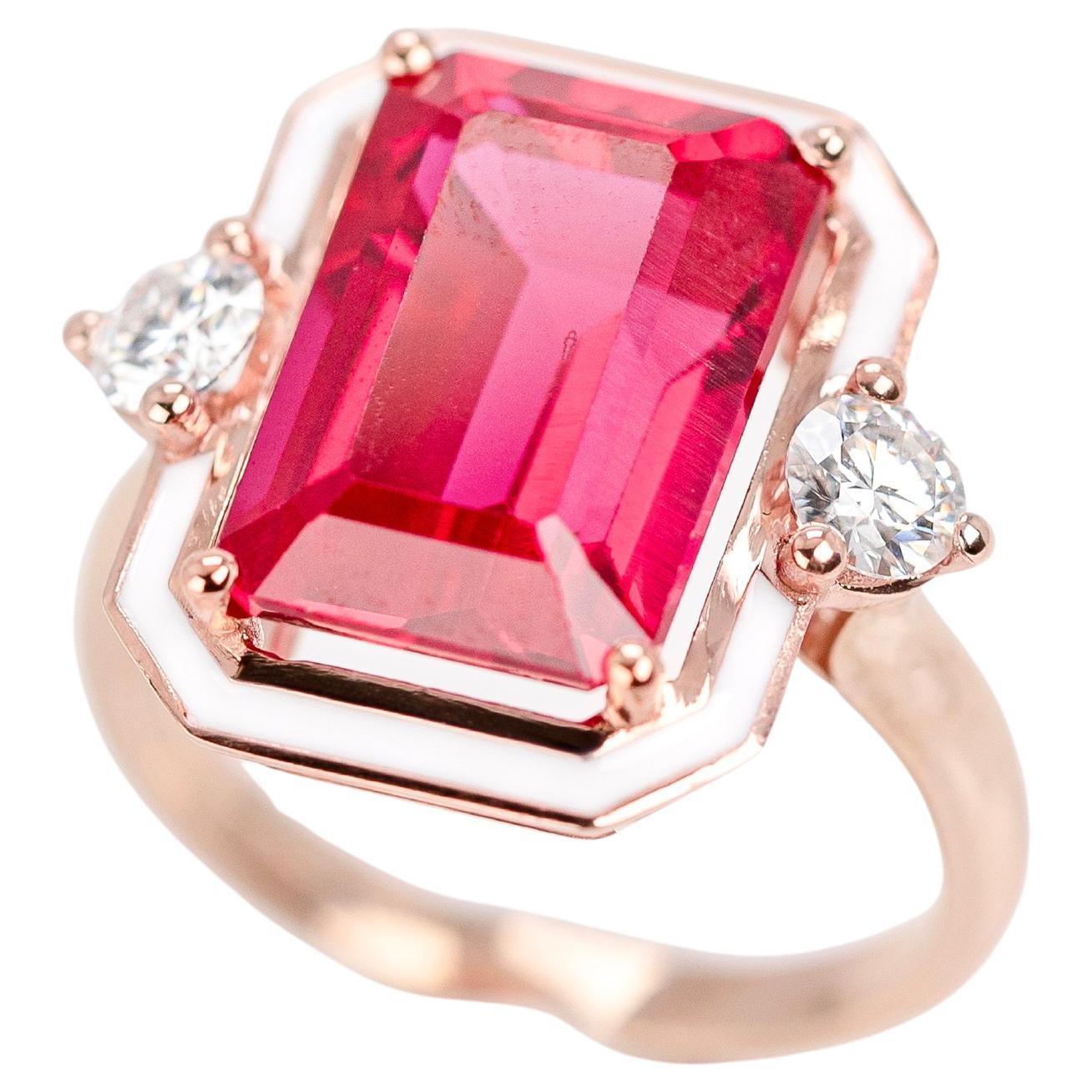 Art Deco Style Ring, Synthetic Ruby and Moissanite Stone Ring, 14K Gold Ring For Sale