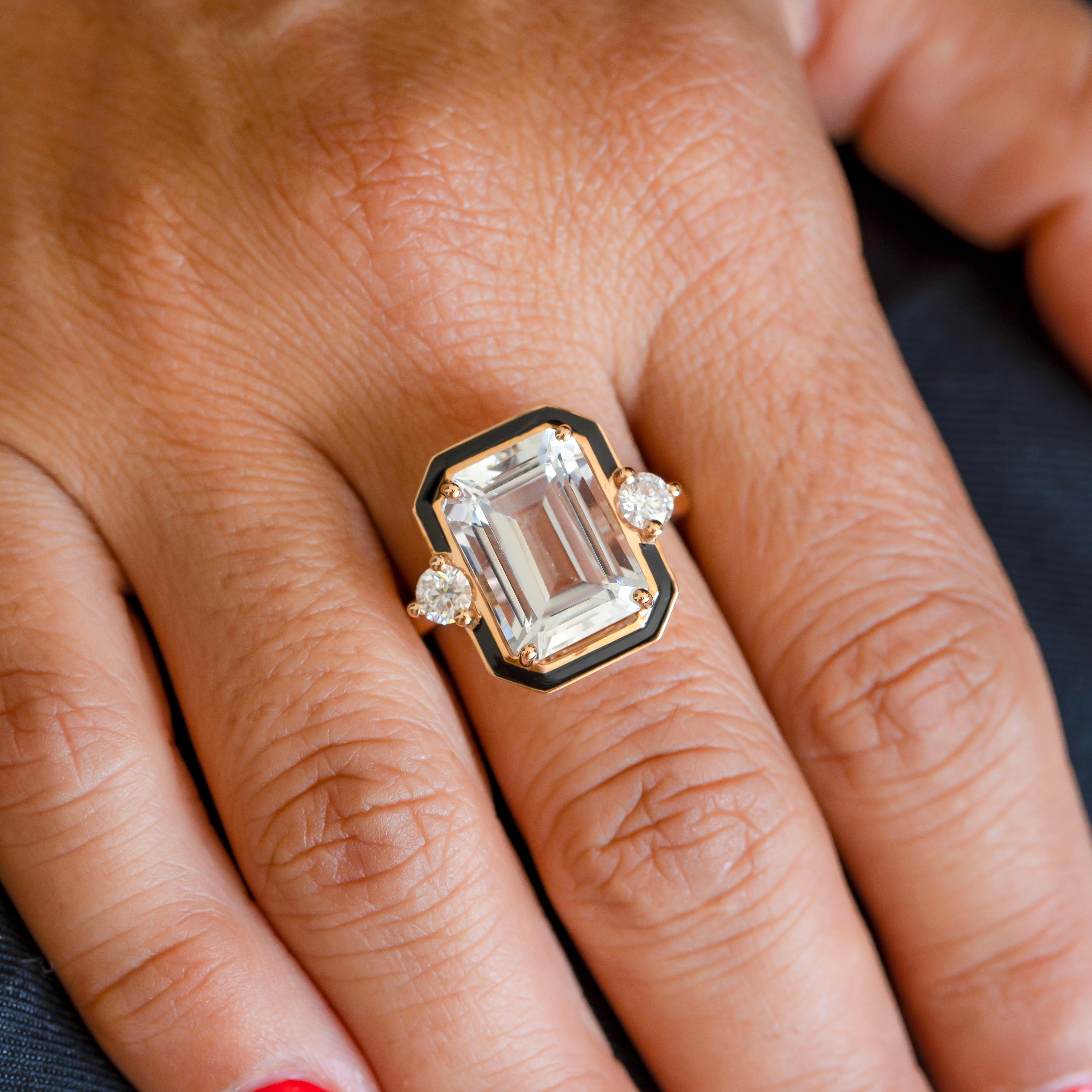 Emerald Cut Art Deco Style Ring, Topaz and Moissanite Stone Ring, 14K Gold Ring For Sale