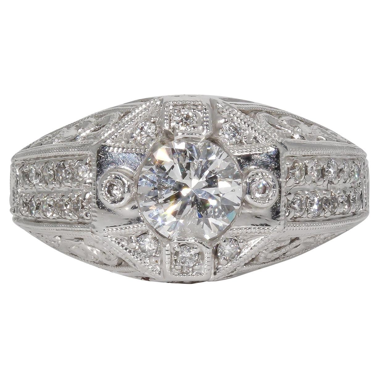 Art Deco Style Ring w/ 1.01ct. Round Diamond Center.  D1.31ct.t.w. For Sale