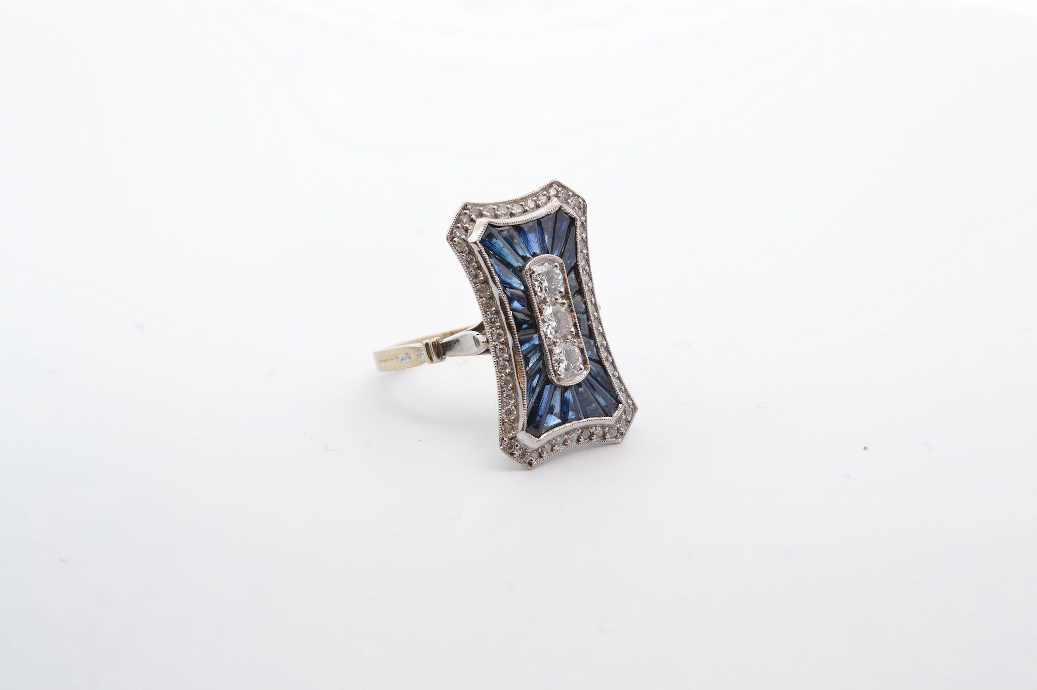 Art Deco Art déco style ring with 51 diamonds and 22 sapphires For Sale