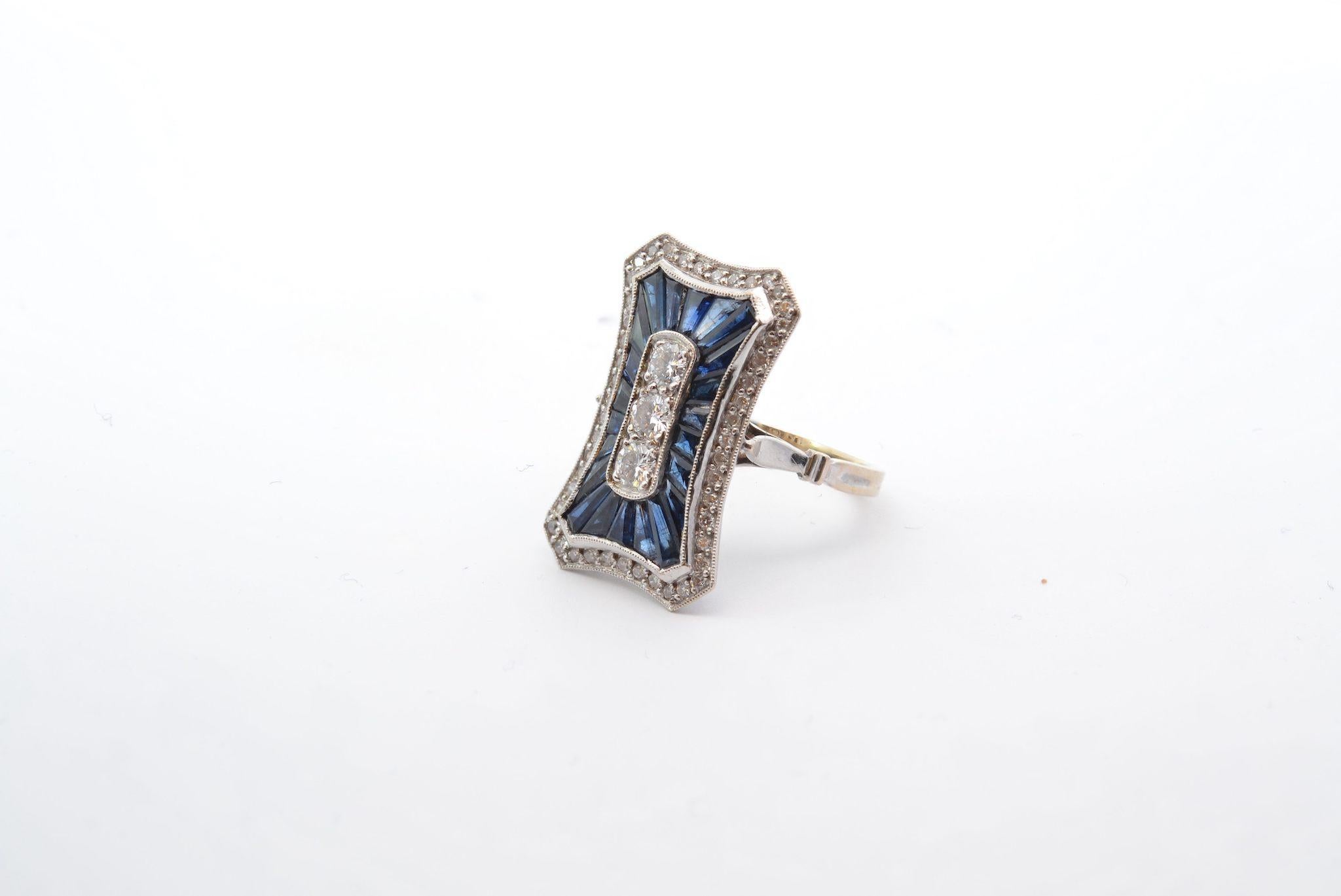Brilliant Cut Art déco style ring with 51 diamonds and 22 sapphires For Sale