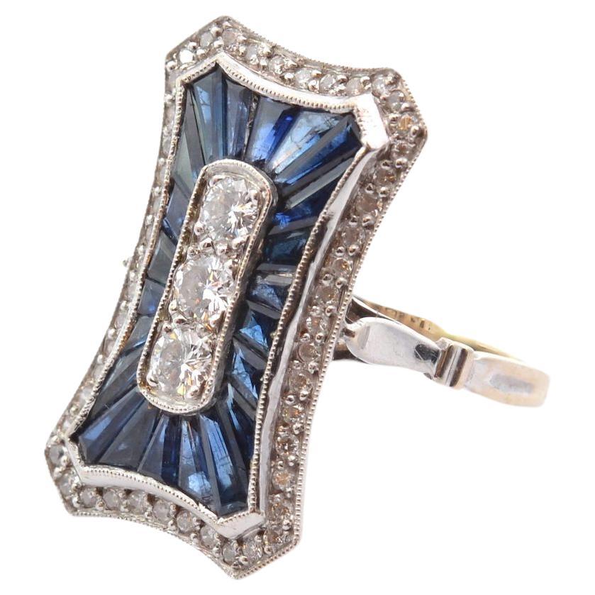 Art déco style ring with 51 diamonds and 22 sapphires For Sale