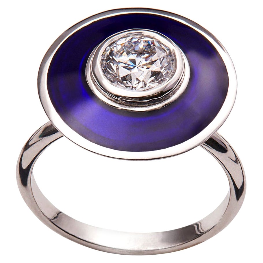 Anello in stile Art Déco con un diamante IGL in oro 18 carati e smalto vitreo a caldo