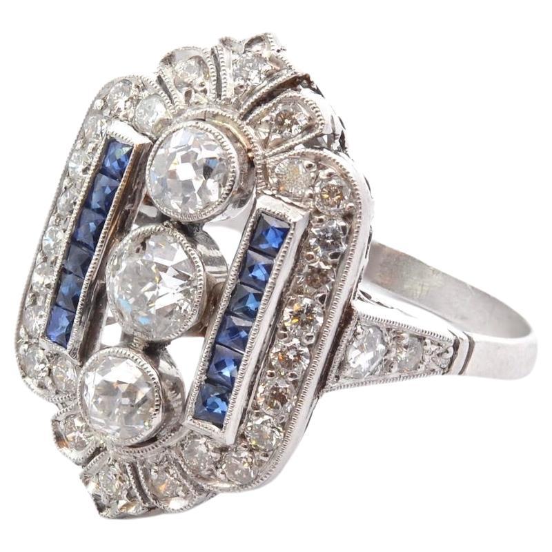 Ring im Art-déco-Stil mit Diamanten von 1,75 Karat und Saphiren
