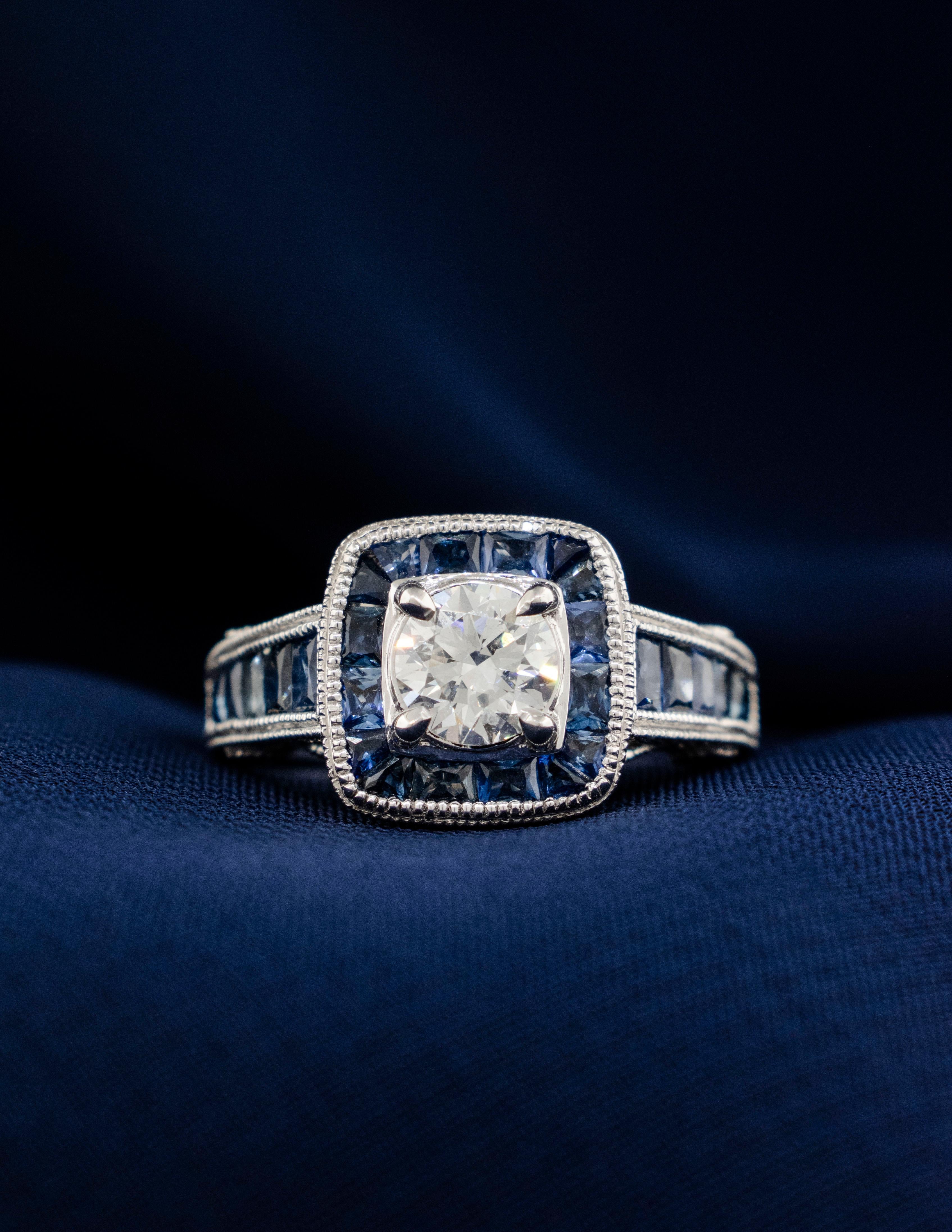 Round Cut Art Deco style ring with Round Diamond and Sapphires in 14K White Gold For Sale