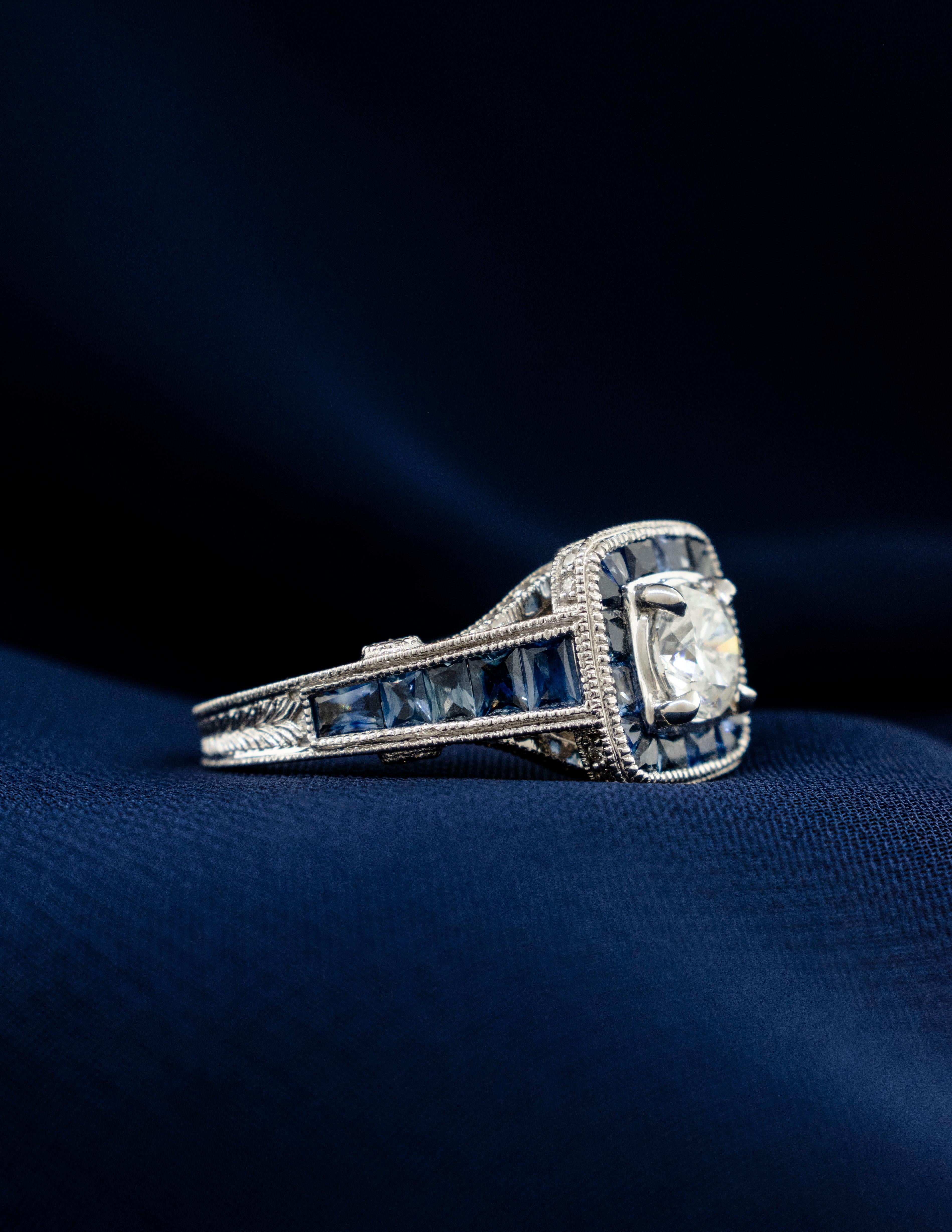Art Deco style ring with Round Diamond and Sapphires in 14K White Gold In New Condition For Sale In Boone, NC