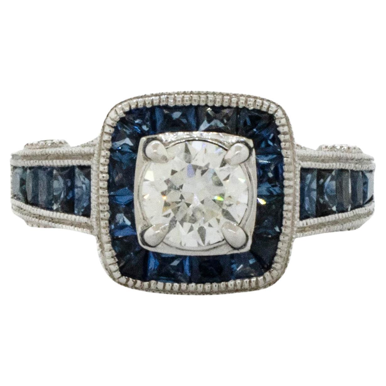 Art Deco style ring with Round Diamond and Sapphires in 14K White Gold For Sale