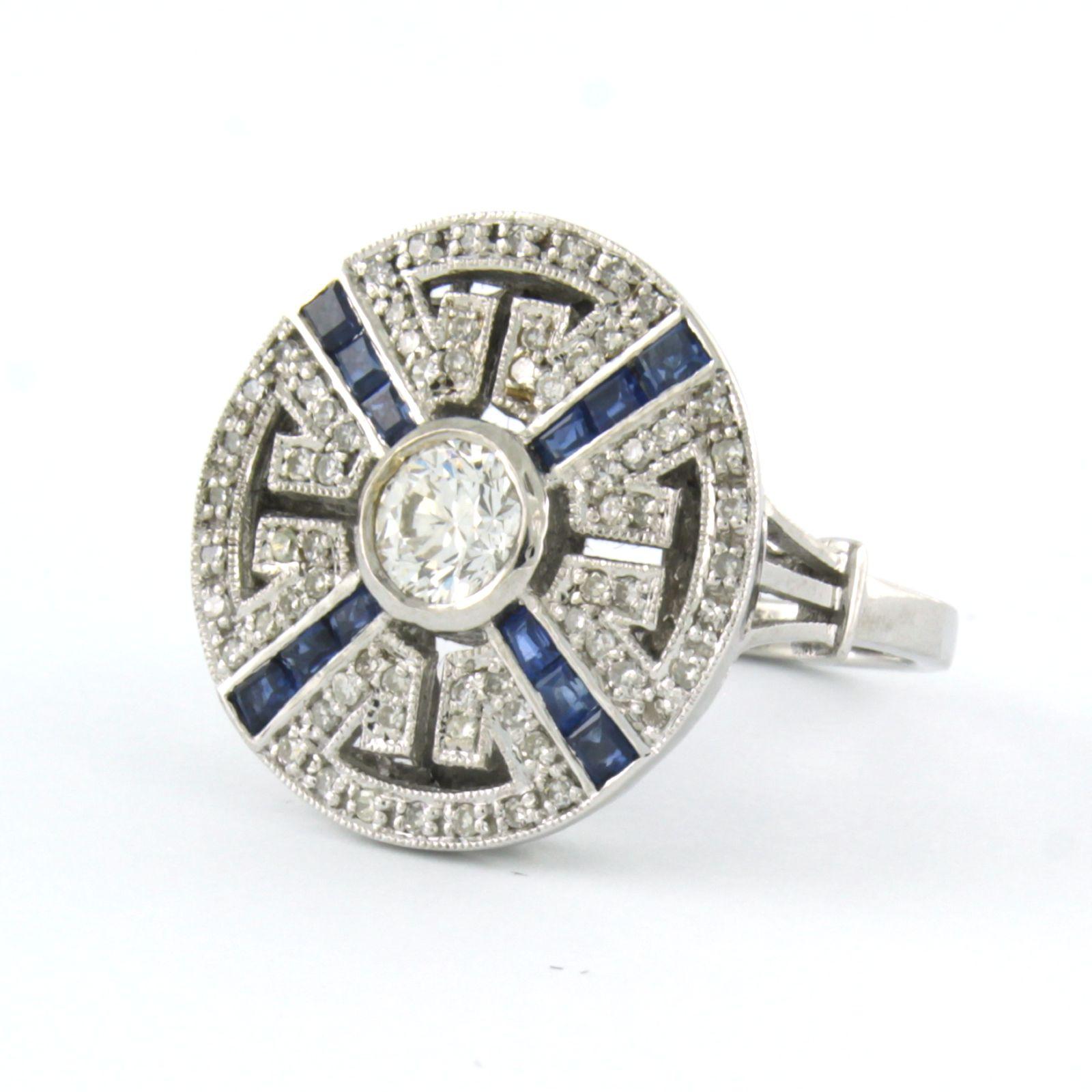 Modern Art Deco style Ring with sapphire and diamond 14k white gold For Sale