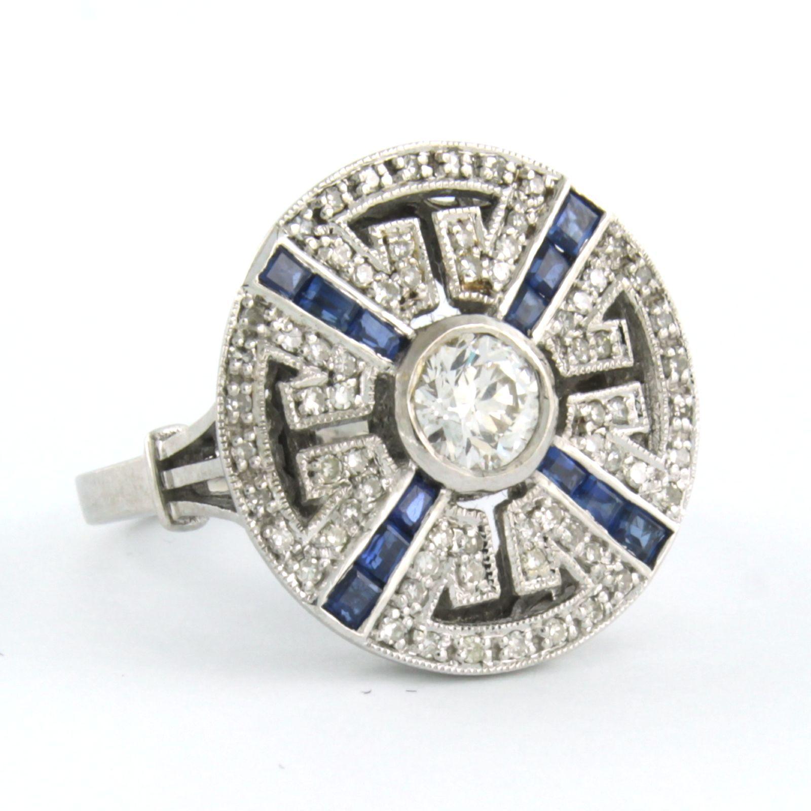 Old European Cut Art Deco style Ring with sapphire and diamond 14k white gold For Sale