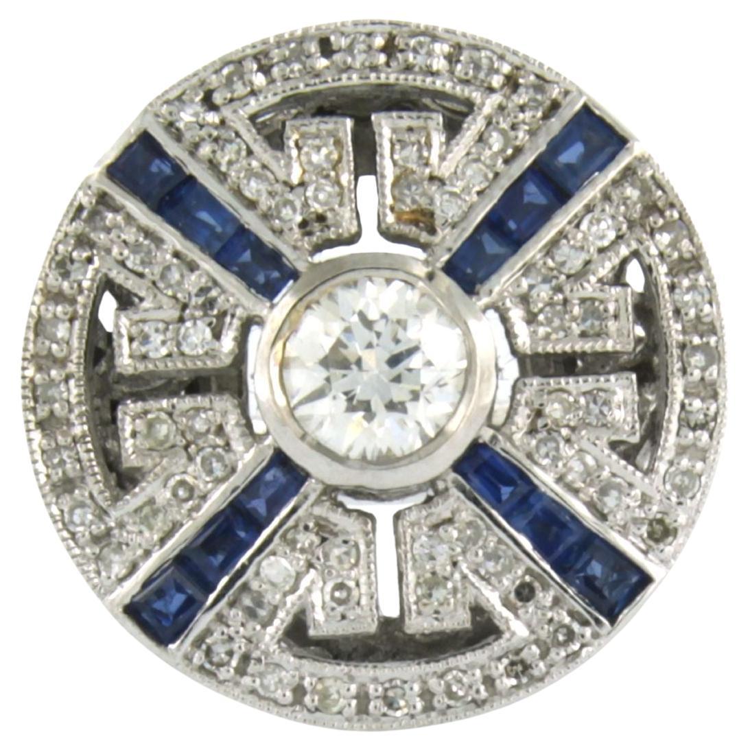 Art Deco style Ring with sapphire and diamond 14k white gold For Sale