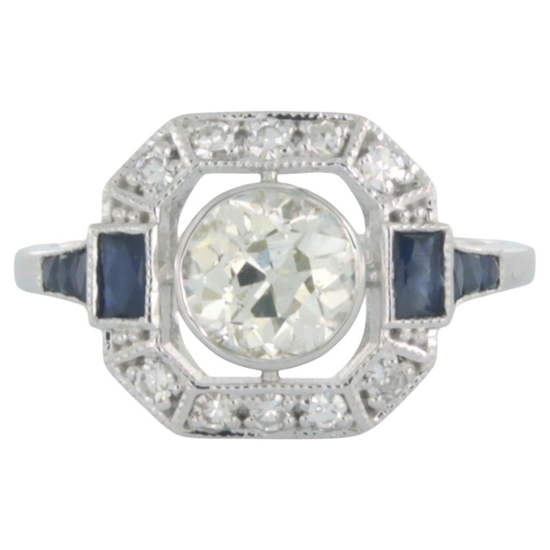 Anillo estilo Art Déco con zafiro y diamante de hasta 1,23 ct de oro blanco de 14k