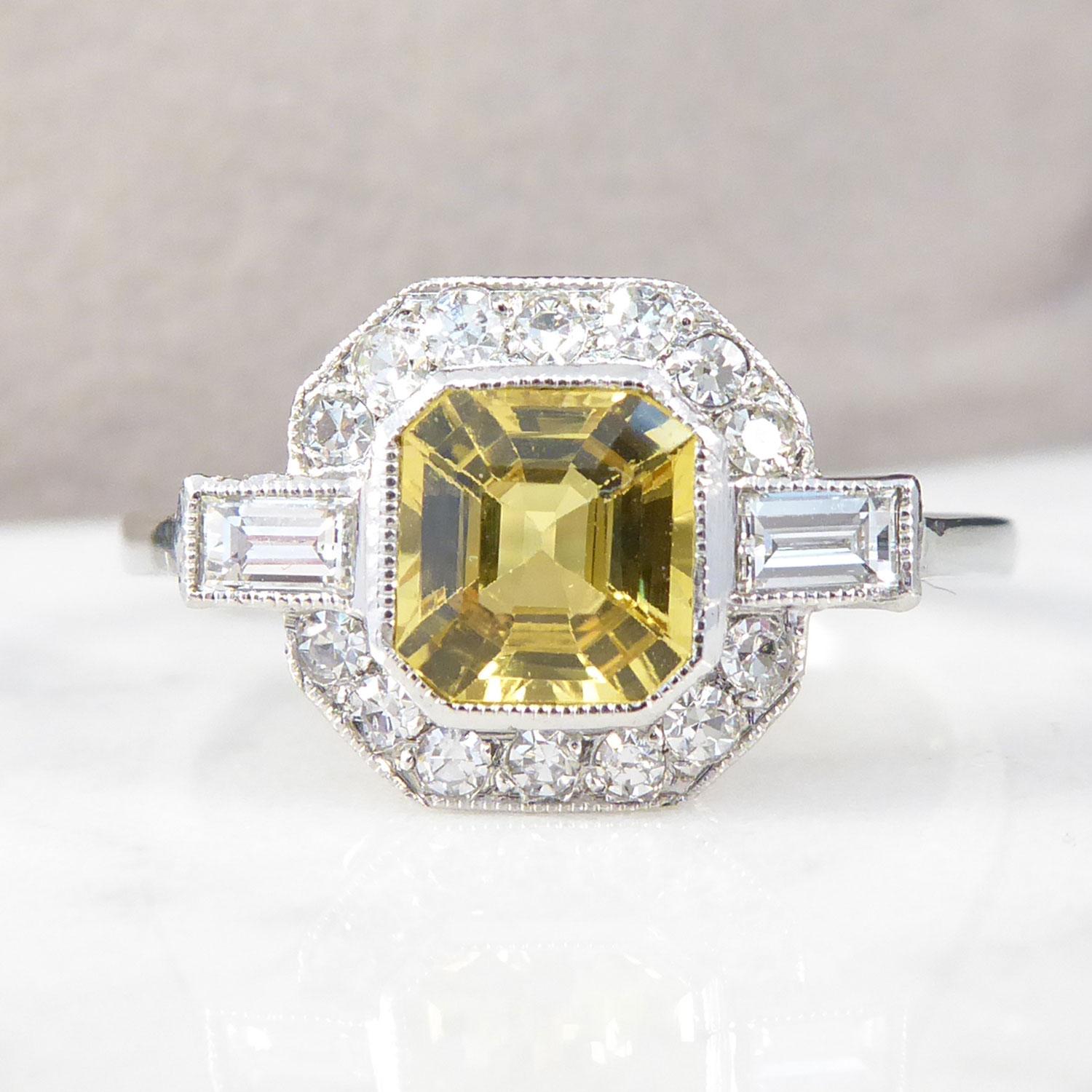 Art Deco Style Ring, Yellow Sapphire and Diamond Octagonal Cluster, Platinum 3