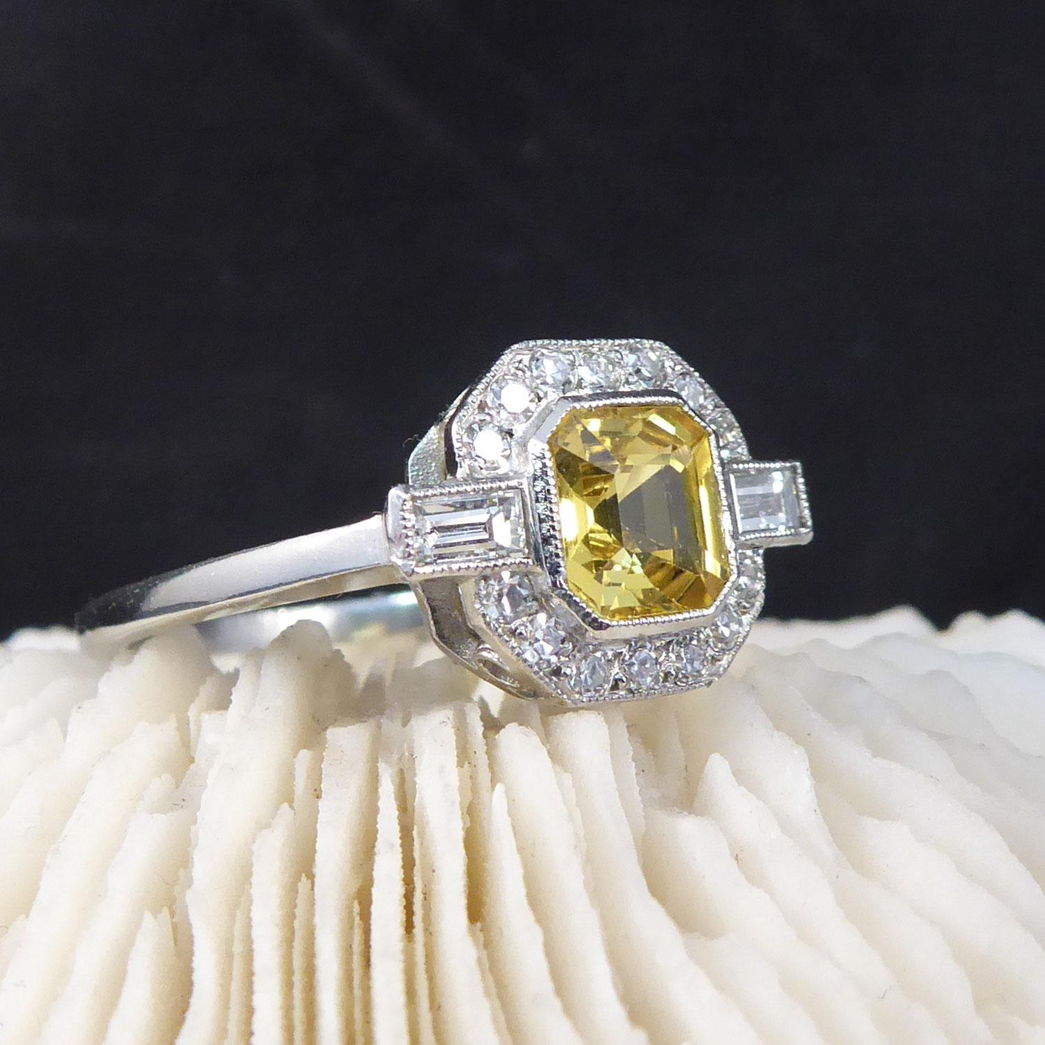 Art Deco Style Ring, Yellow Sapphire and Diamond Octagonal Cluster, Platinum 4