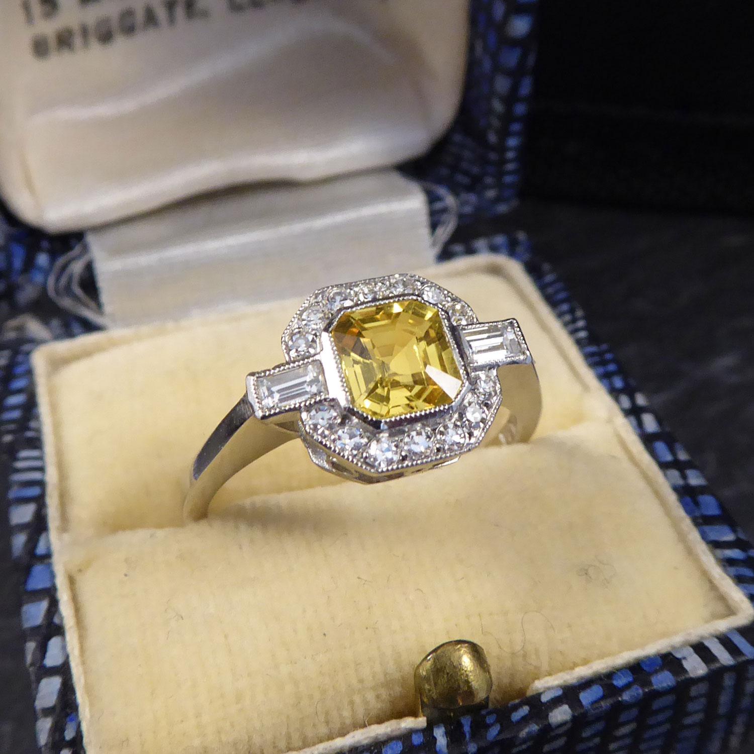 Art Deco Style Ring, Yellow Sapphire and Diamond Octagonal Cluster, Platinum 5