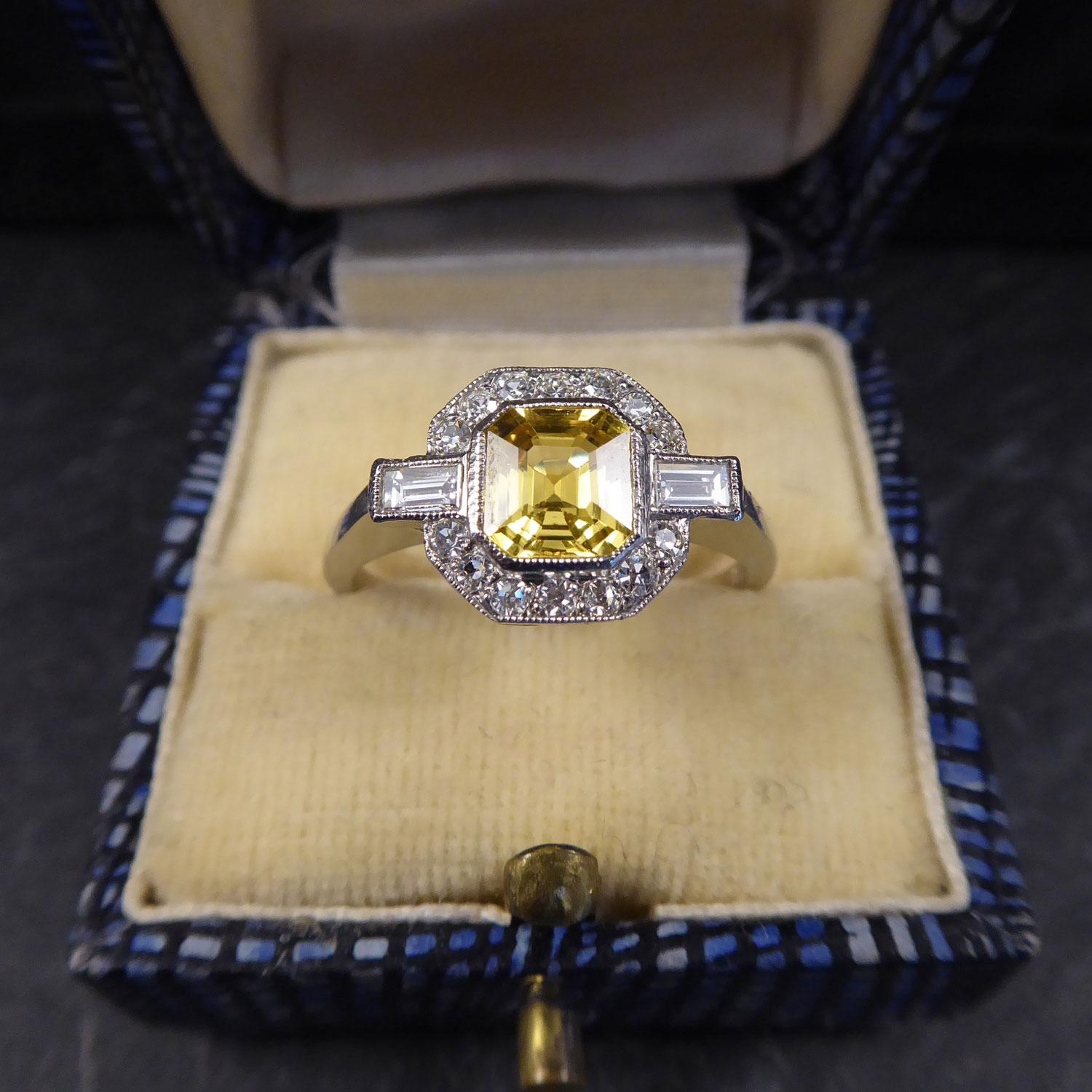 Art Deco Style Ring, Yellow Sapphire and Diamond Octagonal Cluster, Platinum In Good Condition In Yorkshire, West Yorkshire