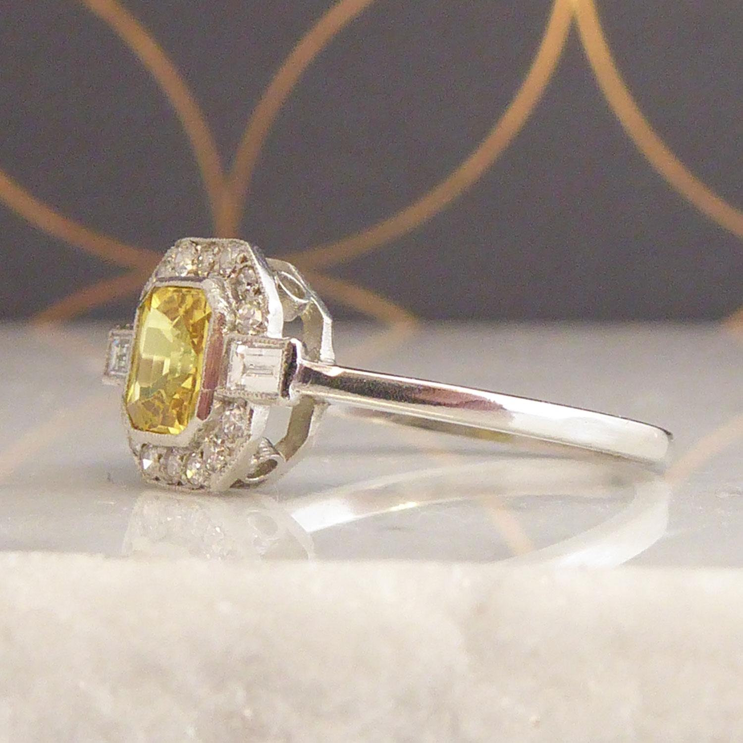 Women's Art Deco Style Ring, Yellow Sapphire and Diamond Octagonal Cluster, Platinum
