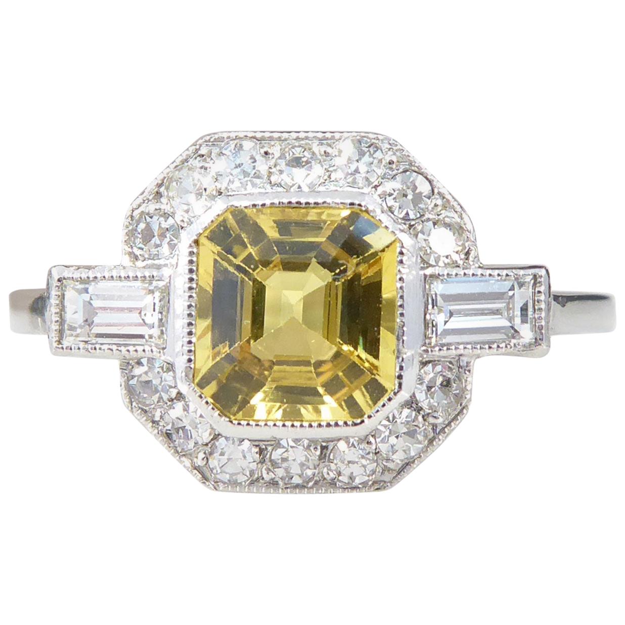 Art Deco Style Ring, Yellow Sapphire and Diamond Octagonal Cluster, Platinum