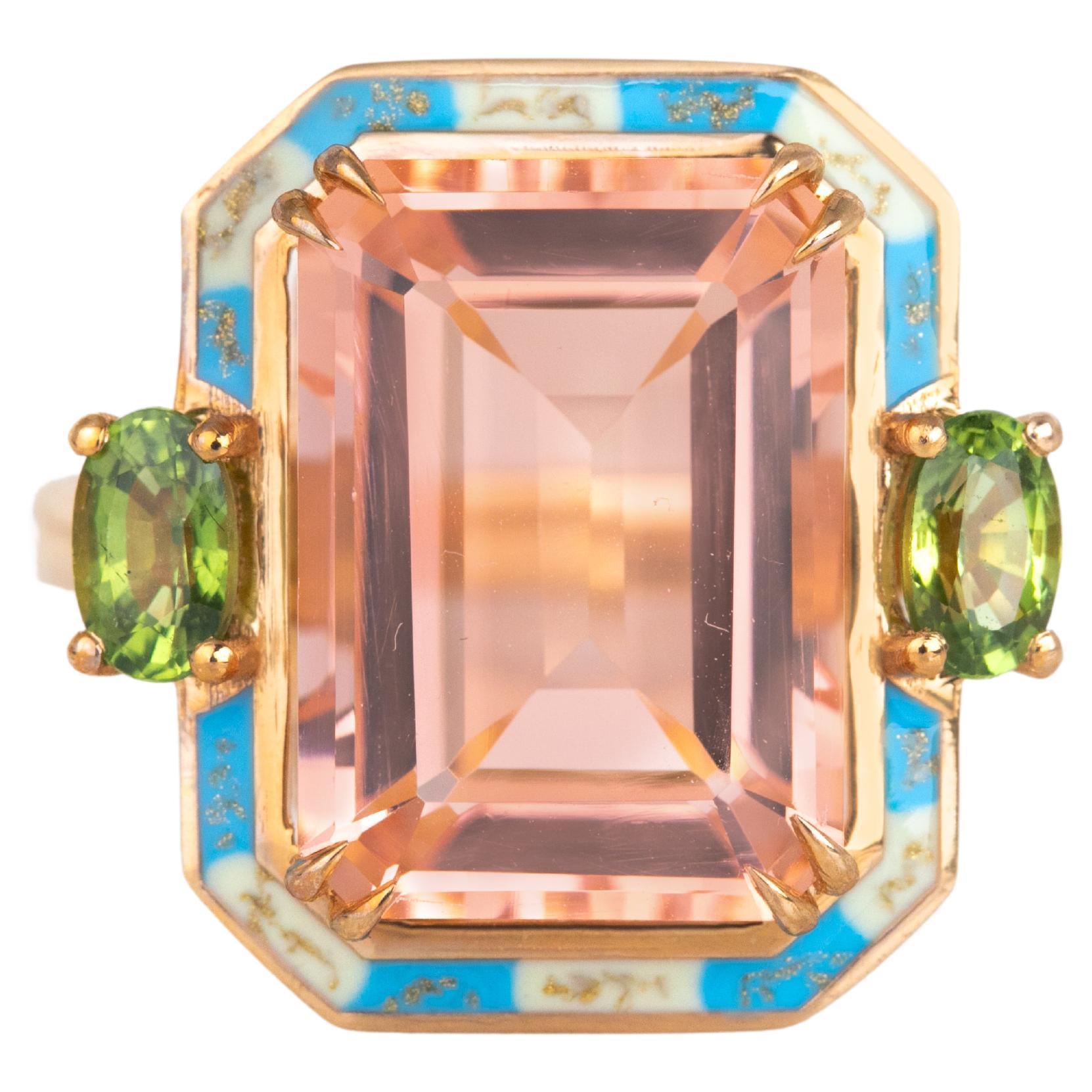 Art Deco Style Ring, 14k Gold Ring Pink Quartz and Pink Tourmaline Stone Ring