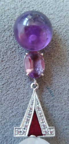 Art Deco Style Rock Crystal Amethyst Gold Diamonds Red Enamel Dangle Earrings