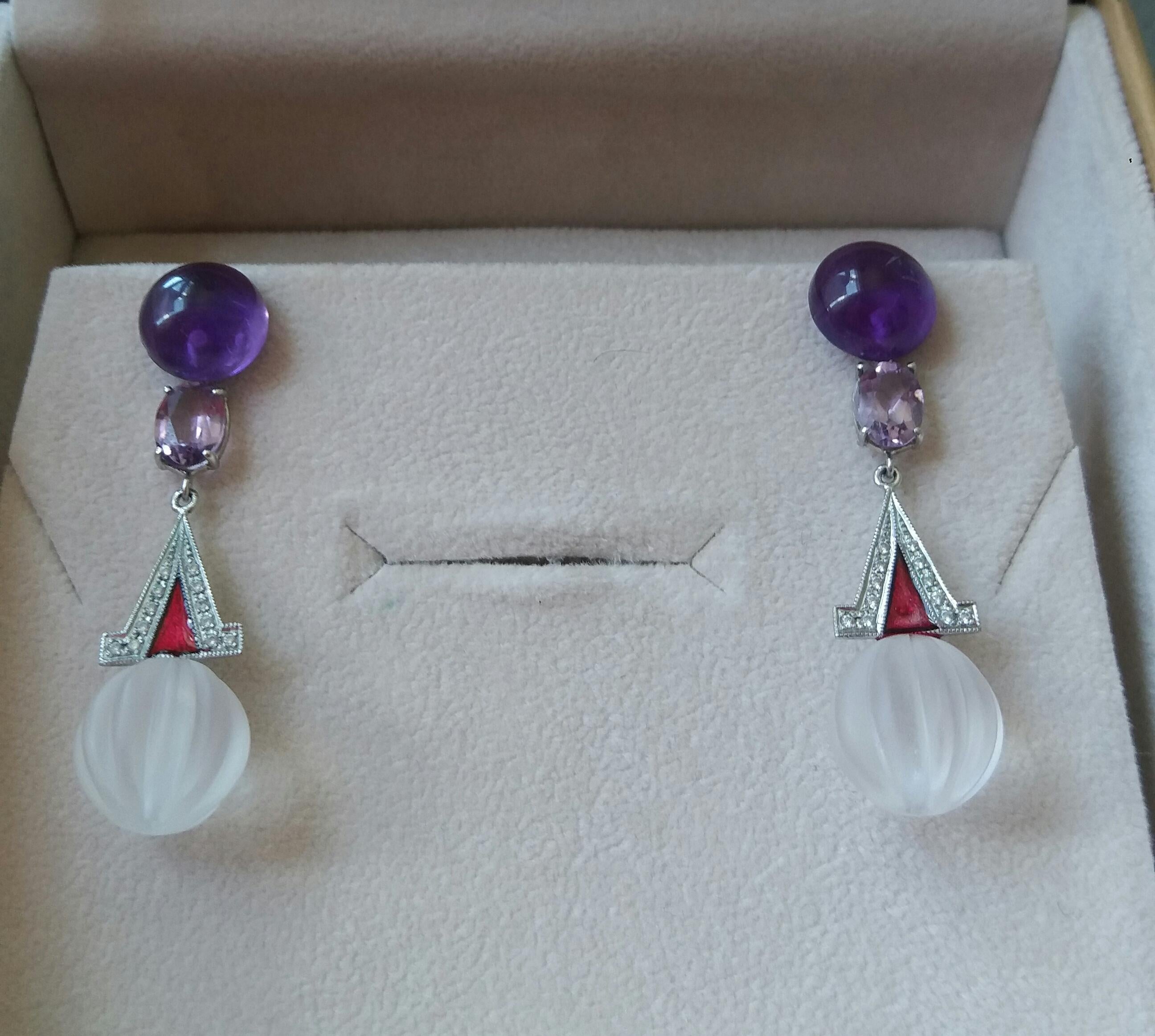 Art Deco Style Rock Crystal Amethyst Gold Diamonds Red Enamel Dangle Earrings In Good Condition For Sale In Bangkok, TH