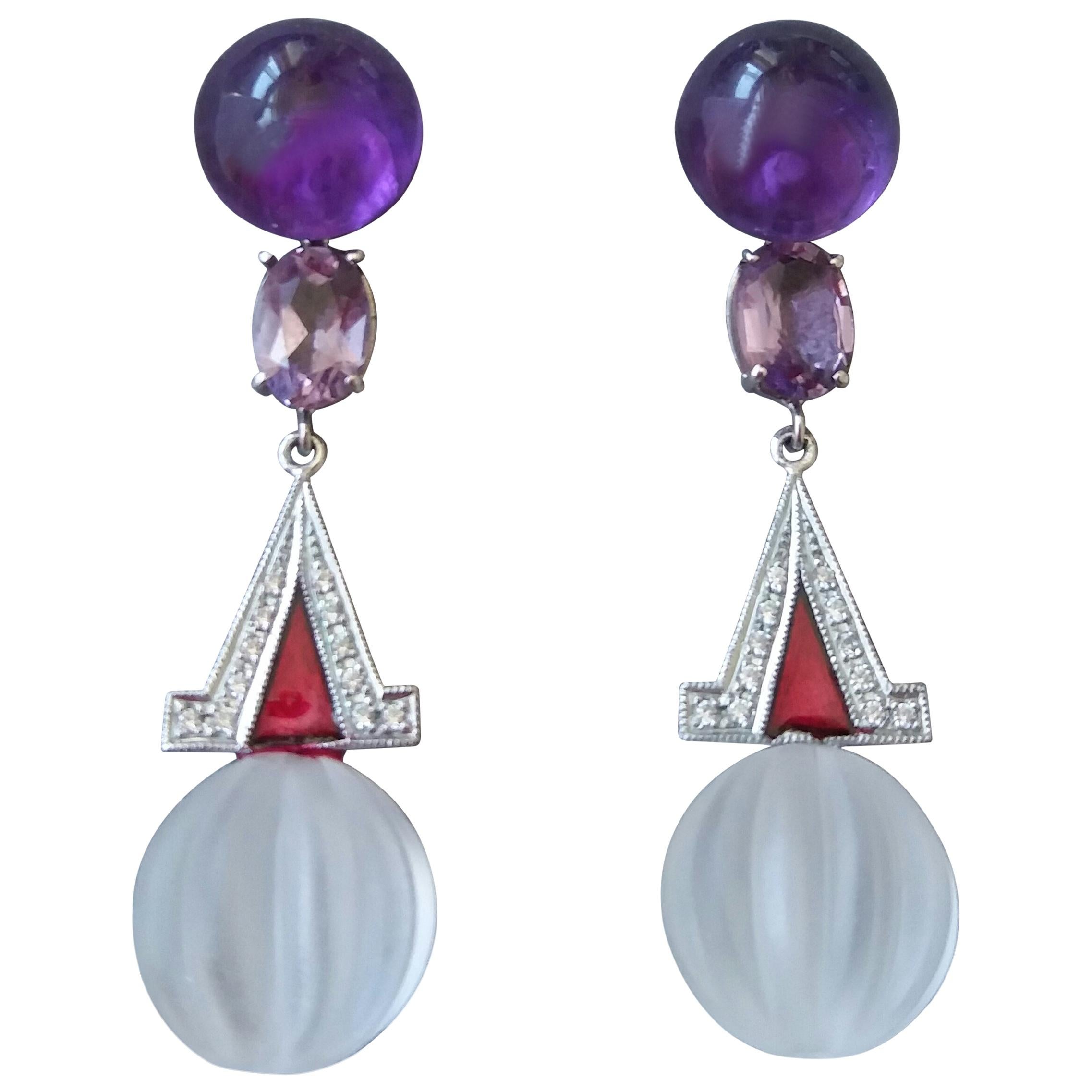 Art Deco Style Rock Crystal Amethyst Gold Diamonds Red Enamel Dangle Earrings For Sale