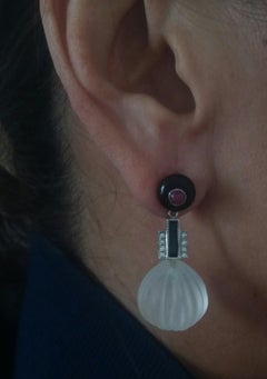 Pendientes de Cristal de Roca Onix Negro Rubí Oro Diamantes Esmalte Estilo Art Decó