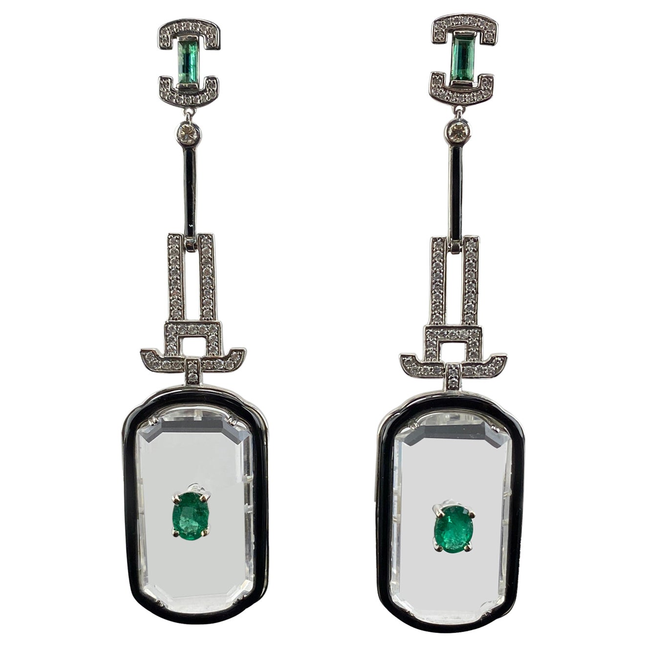 Pendants d'oreilles de style Art déco en cristal de roche, onyx noir, émeraudes et diamants