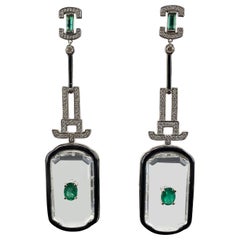 Pendants d'oreilles de style Art déco en cristal de roche, onyx noir, émeraudes et diamants