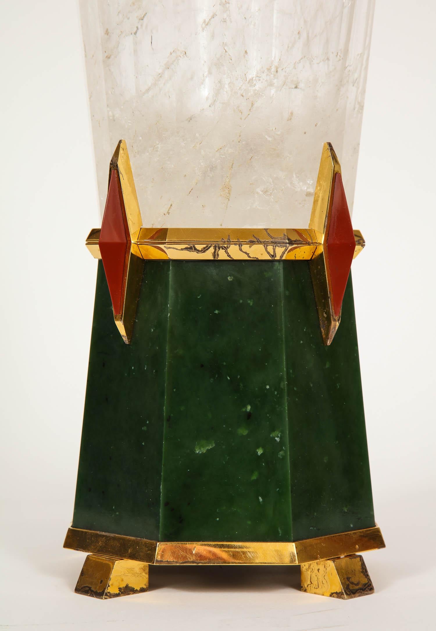 Gilt Art Deco Style Rock Crystal, Enamel & Russian Green Jasper Lamp; Asprey London For Sale