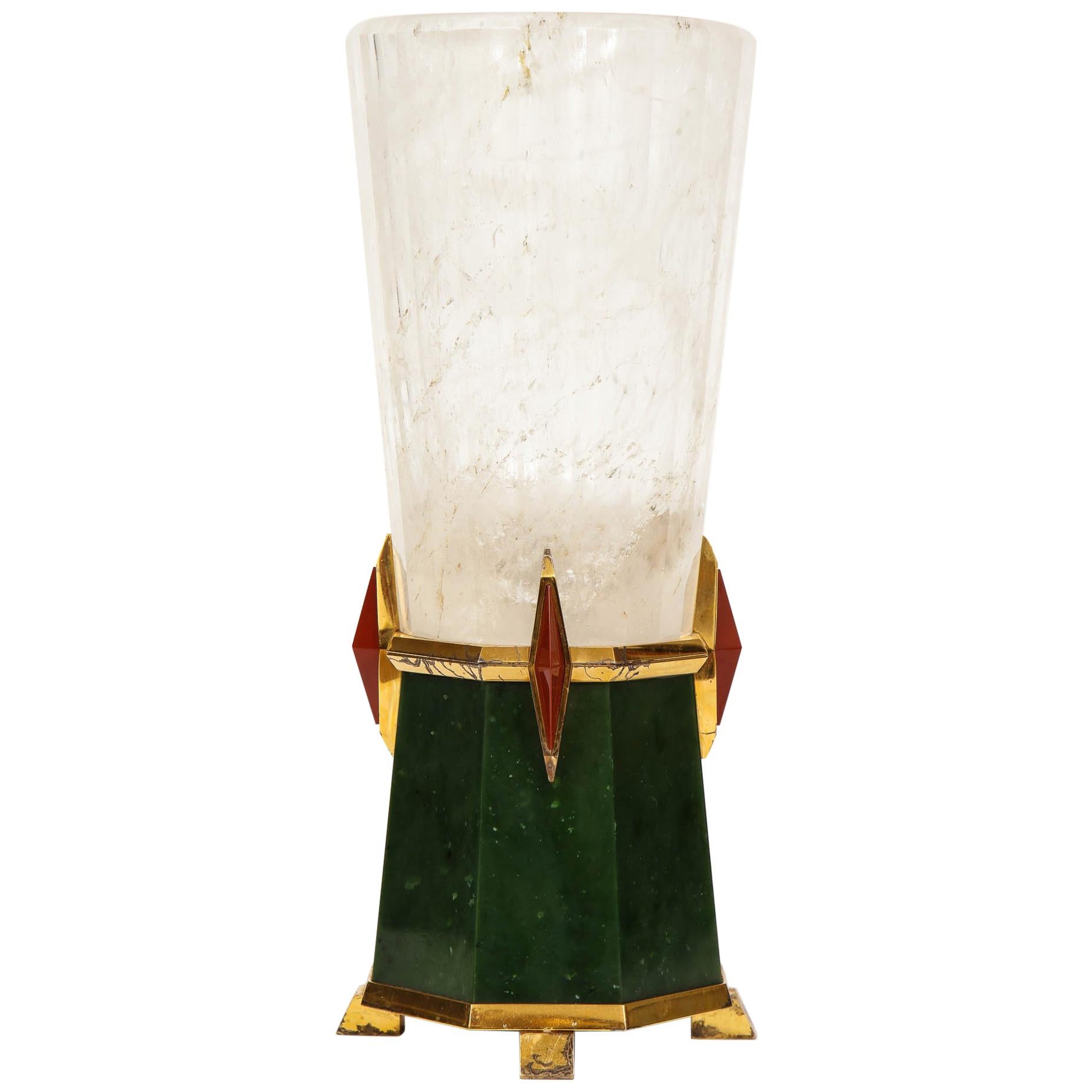 Art Deco Style Rock Crystal, Enamel & Russian Green Jasper Lamp; Asprey London For Sale