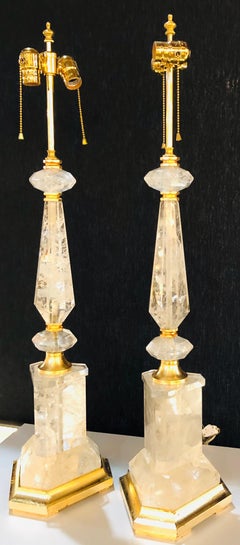 Art Deco Style Rock Crystal Table Lamps on Gilt Bases Having Geometric Form Pair