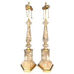 Art Deco Style Rock Crystal Table Lamps on Gilt Bases Having Geometric Form Pair