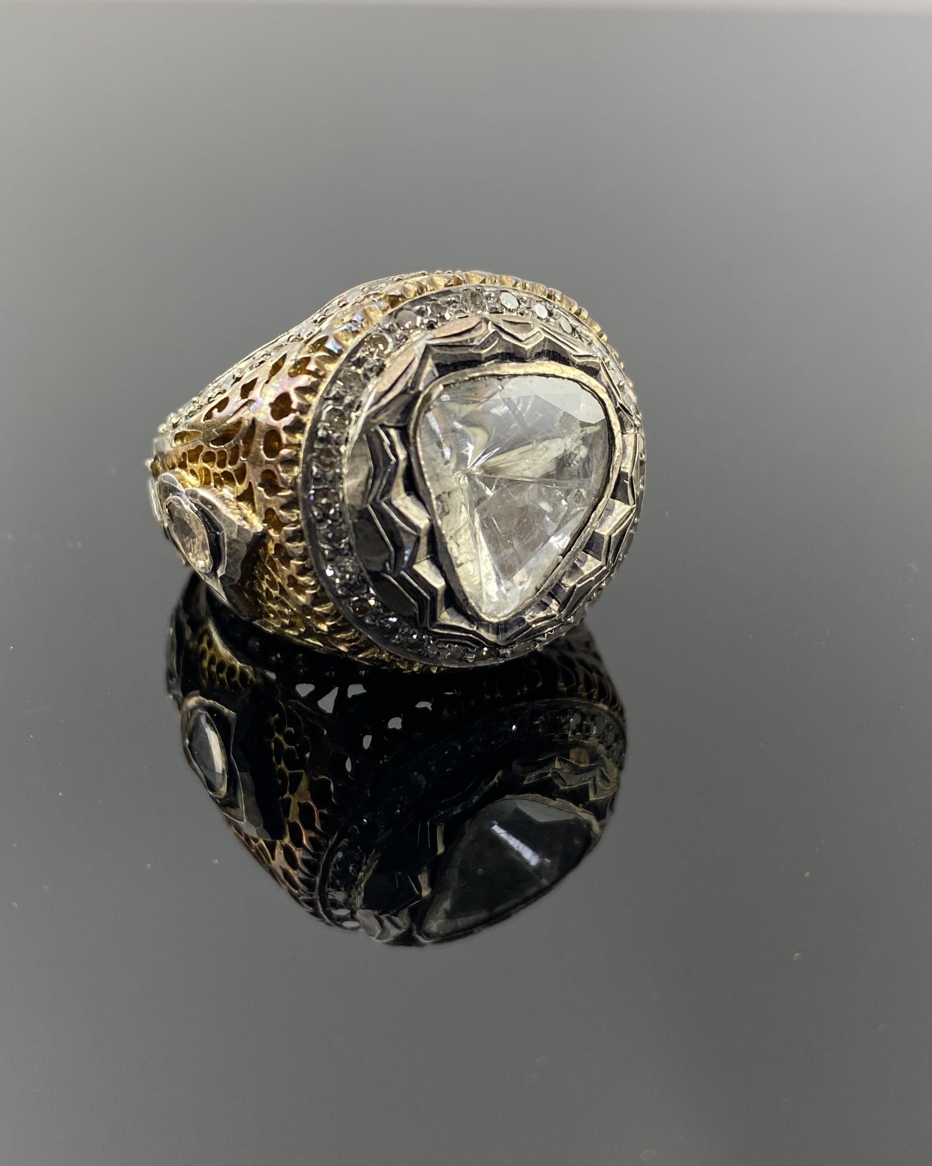 Art Deco Style Rose Cut Diamond Cocktail Ring In New Condition For Sale In Bangkok, Thailand