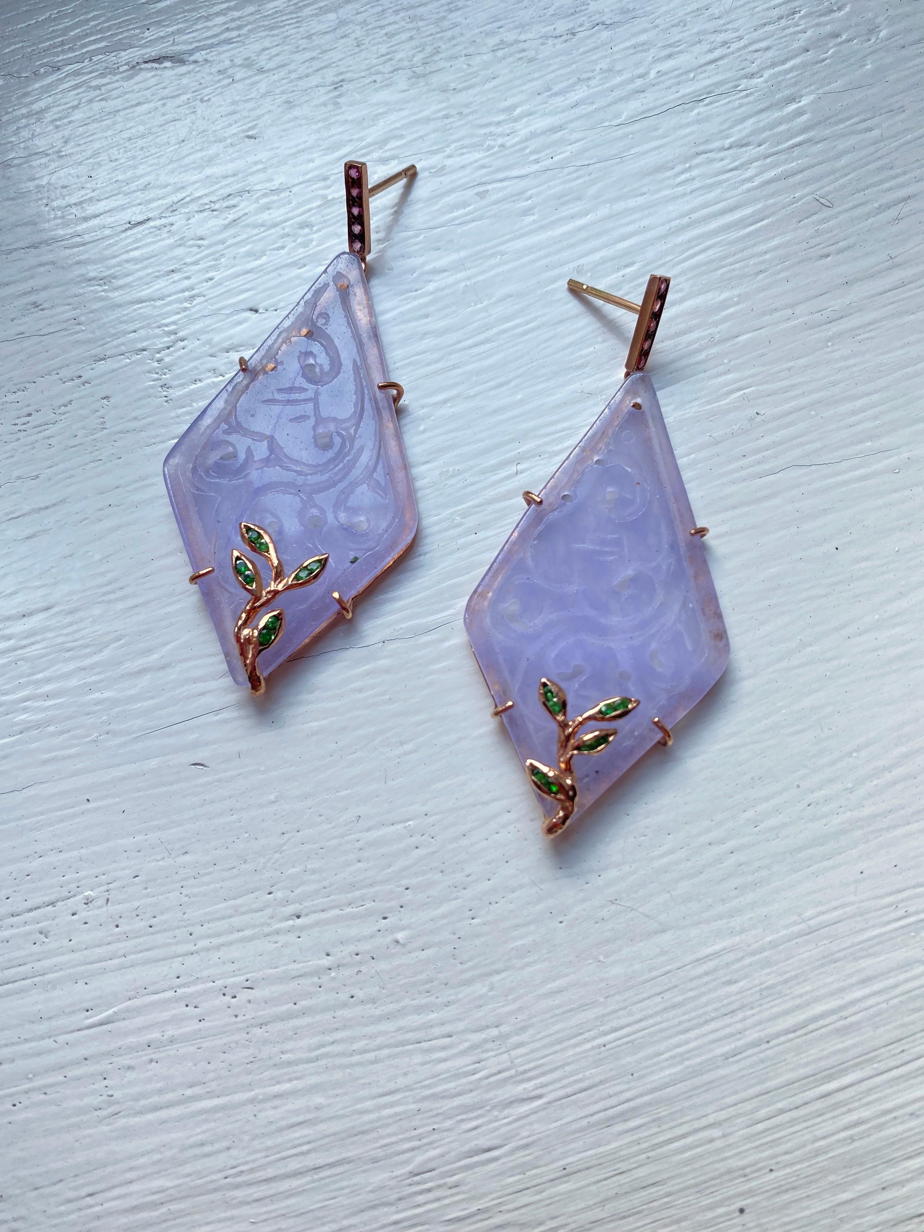 Rossella Ugolini Art Deco Style Rose Quartz Purple Color Gold Dangle Earrings For Sale 6
