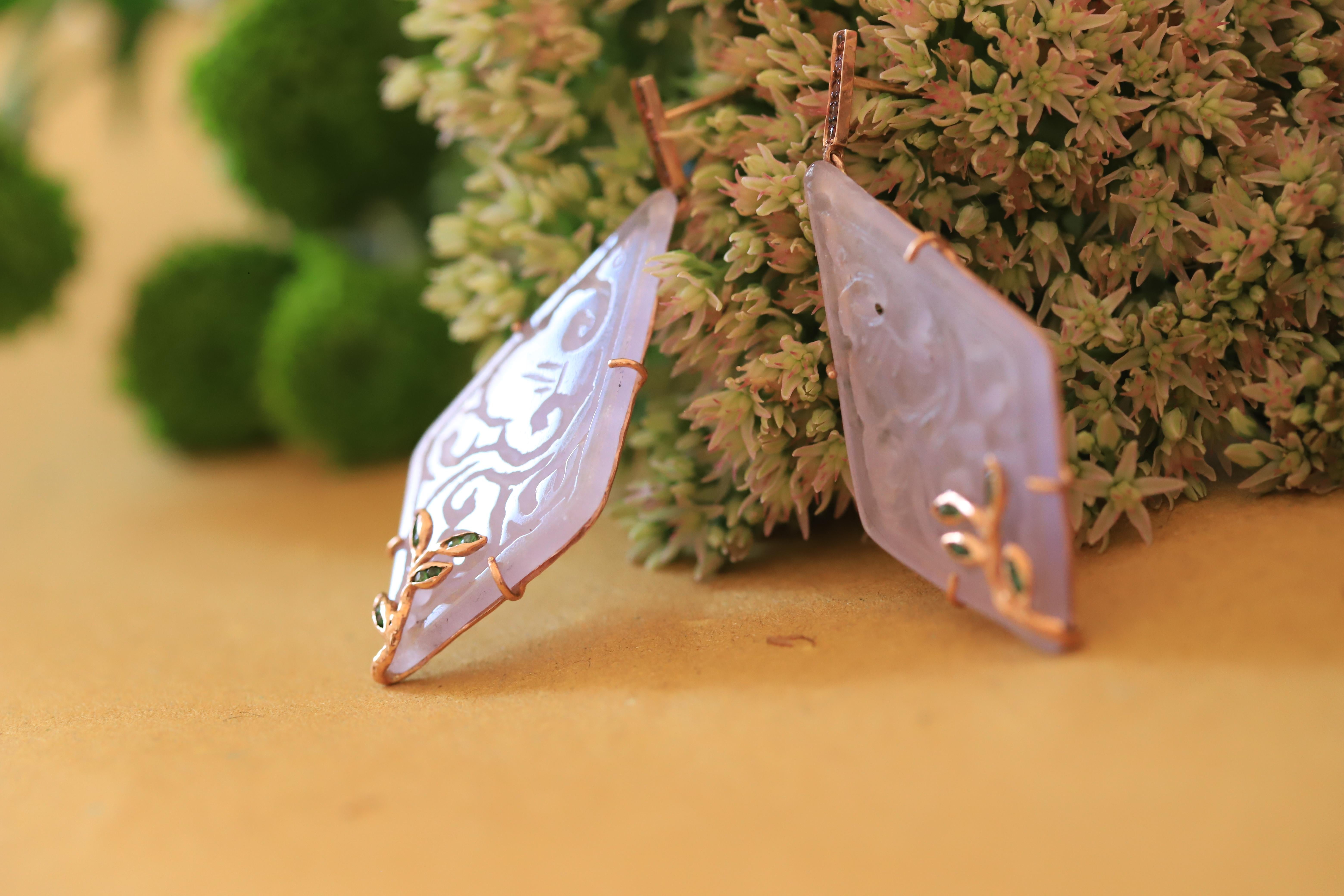 Rossella Ugolini Art Deco Style Rose Quartz Purple Color Gold Dangle Earrings For Sale 7
