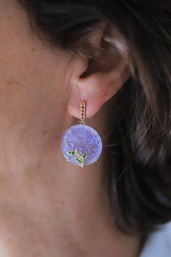Rossella Ugolini 18K Gold Carved Rose Quartz Lilac Coin Flower Drops Earrings