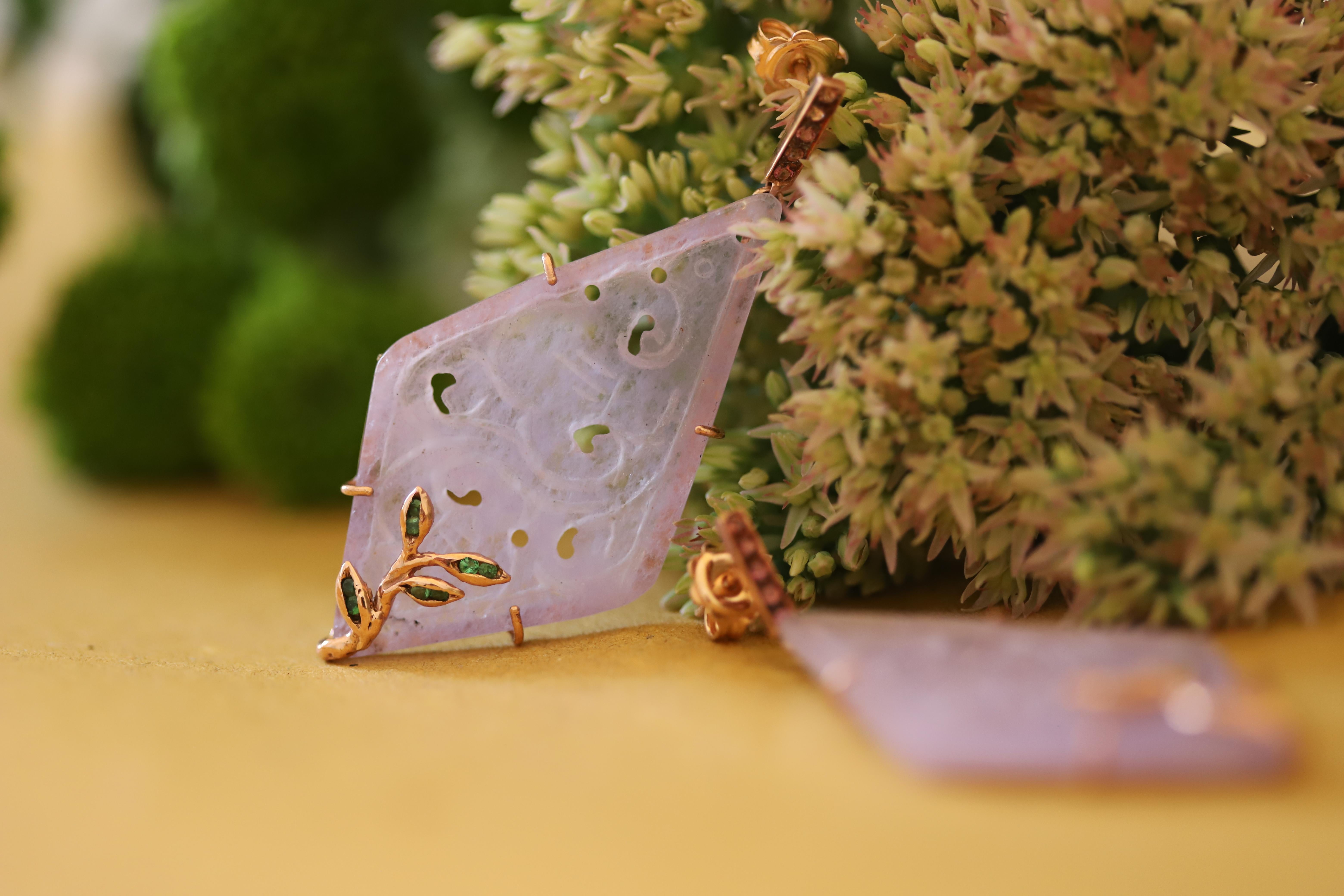 Rossella Ugolini Art Deco Style Rose Quartz Purple Color Gold Dangle Earrings For Sale 3