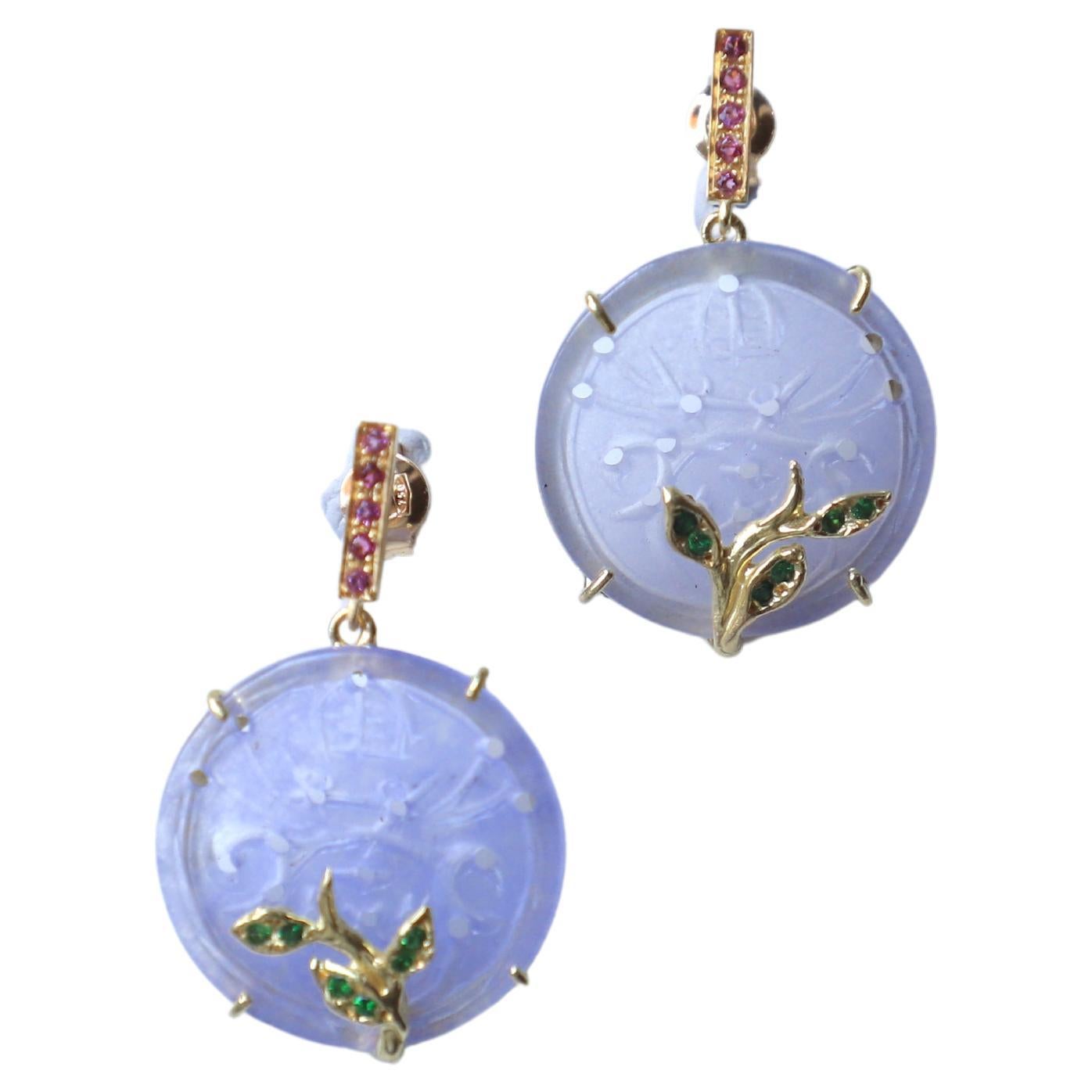 Rossella Ugolini 18K Gold Carved Rose Quartz Lilac Coin "Pansy Flower" Earrings
