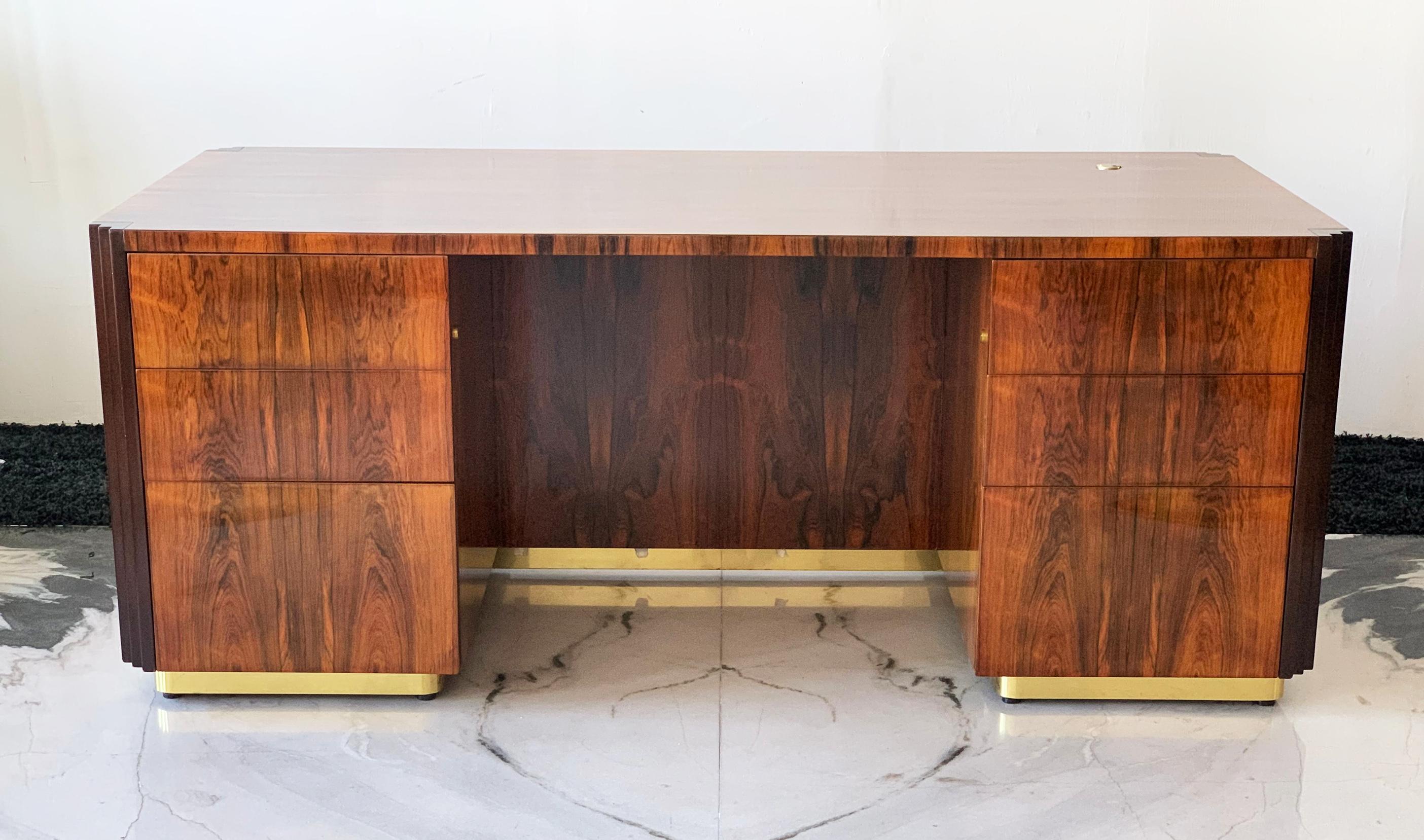 Lacquered Art Deco Style Rosewood and Brass Executive Desk