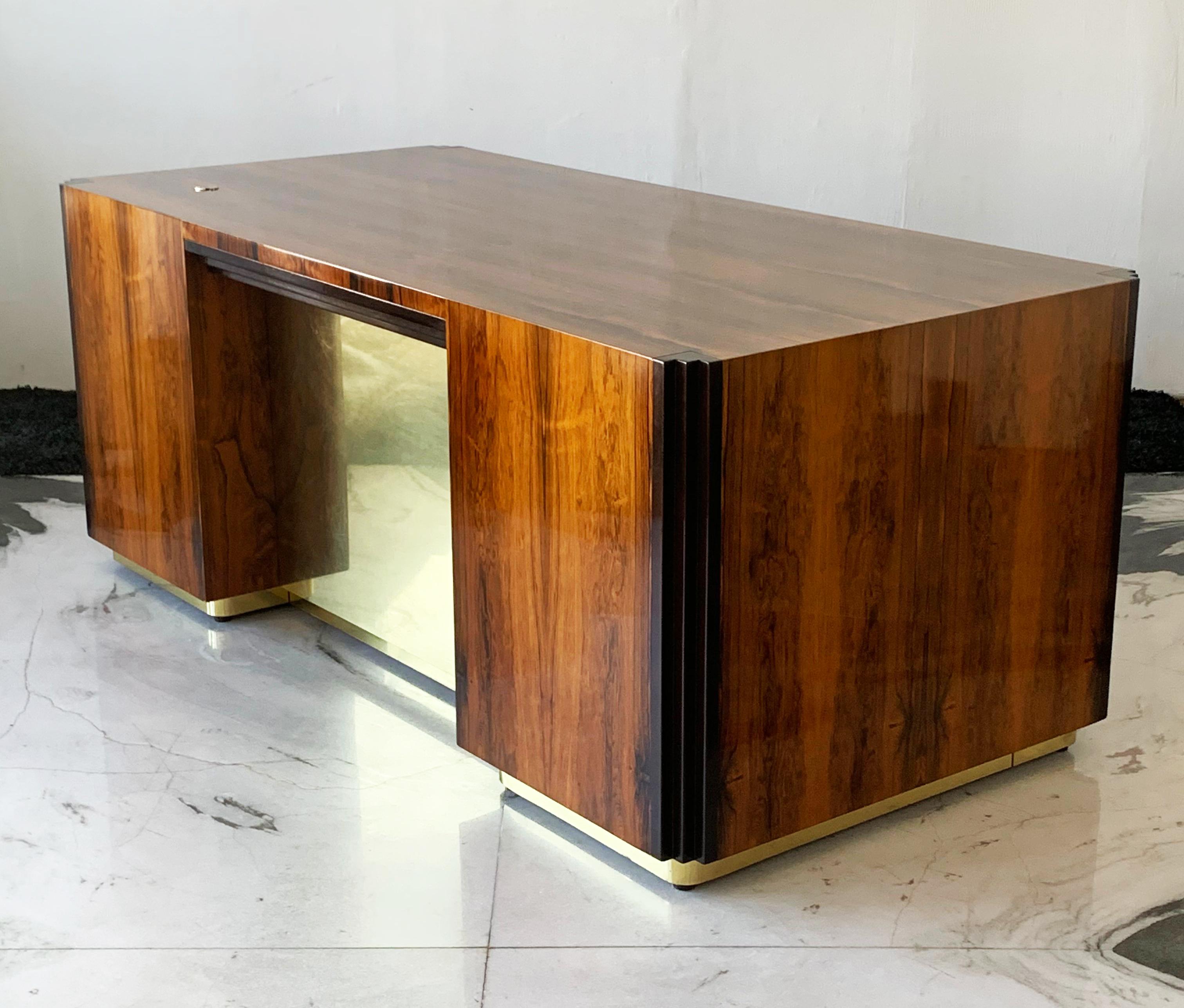 Art Deco Style Rosewood and Brass Executive Desk In Good Condition In Culver City, CA