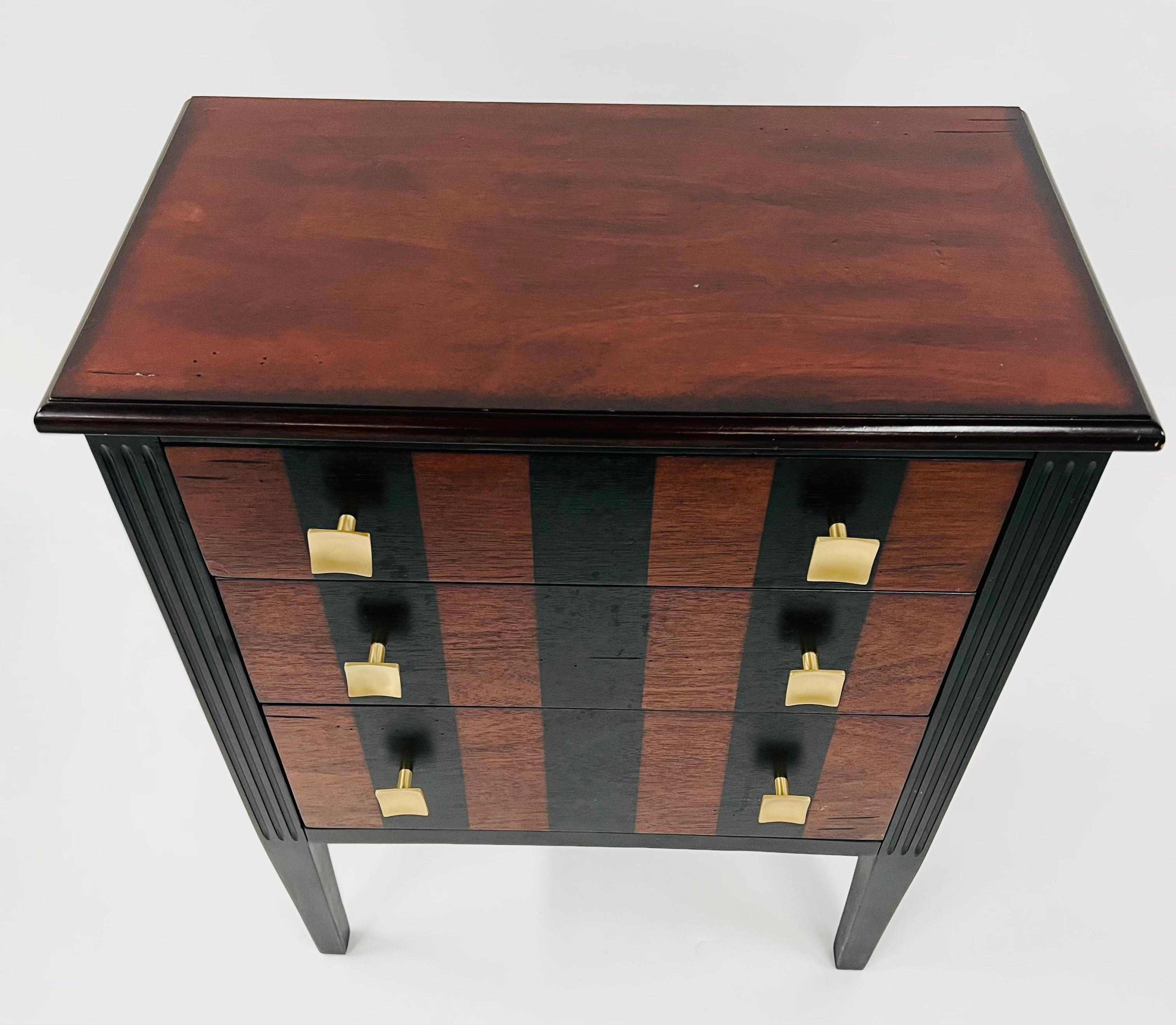 Brass Art Deco Style Rosewood Three Drawer Nightstand, End or Side Table, a Pair