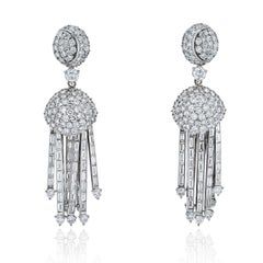 Art Deco Style Round and Baguette Cut Dangling Diamond Earrings