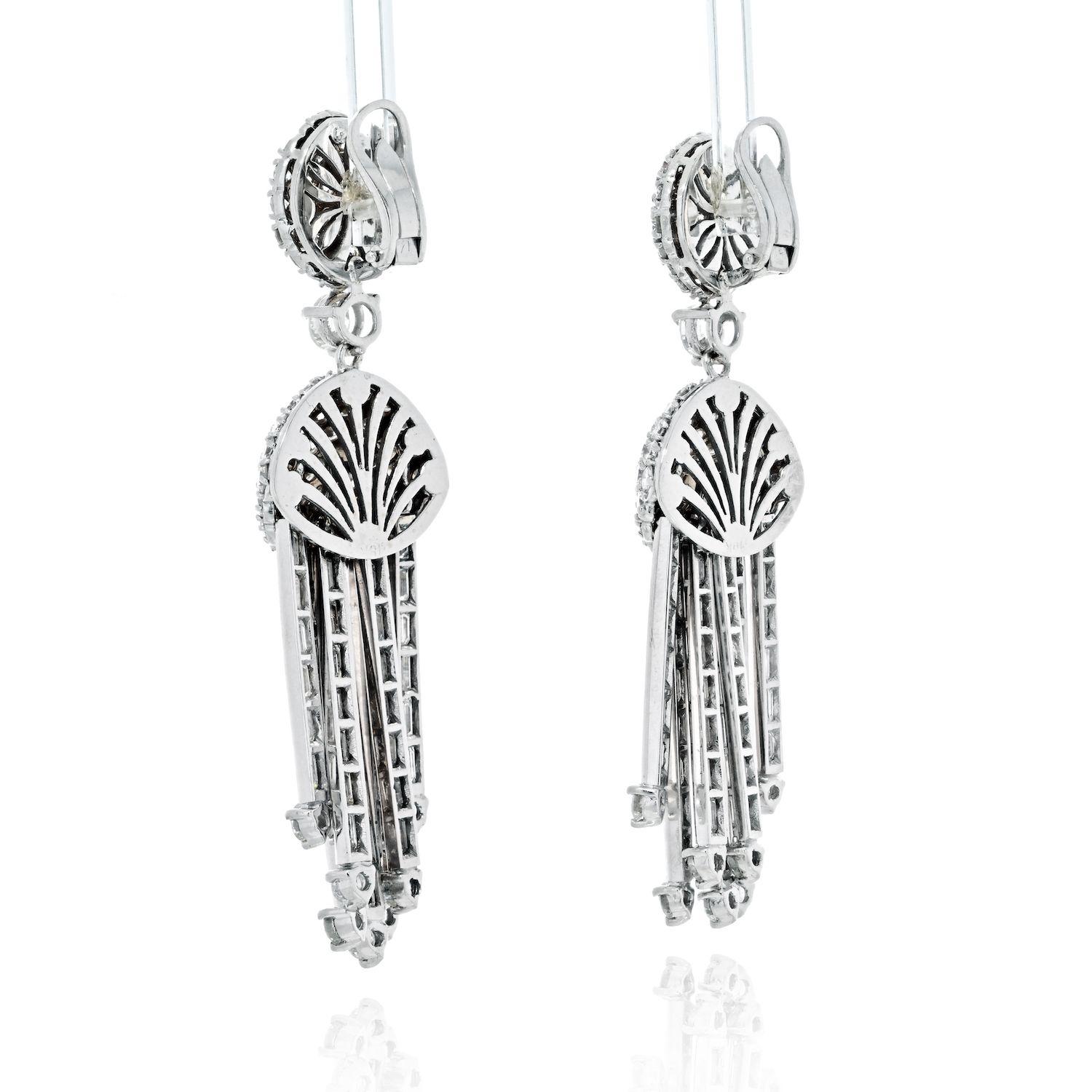 Modern Art Deco Style Round and Baguette Cut Dangling Diamond Earrings For Sale