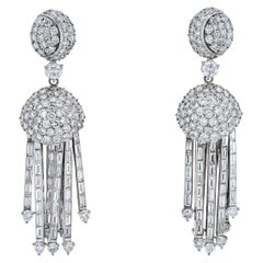 Vintage Art Deco Style Round and Baguette Cut Dangling Diamond Earrings
