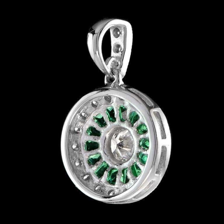 Art Deco Style Round Brilliant Diamond with Emerald Pendant in 18K White Gold For Sale 1