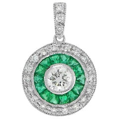 Art Deco Style Round Brilliant Diamond with Emerald Pendant in 18K White Gold Art Deco Style Round Brilliant Diamond with Emerald Pendant in 18K White Gold
