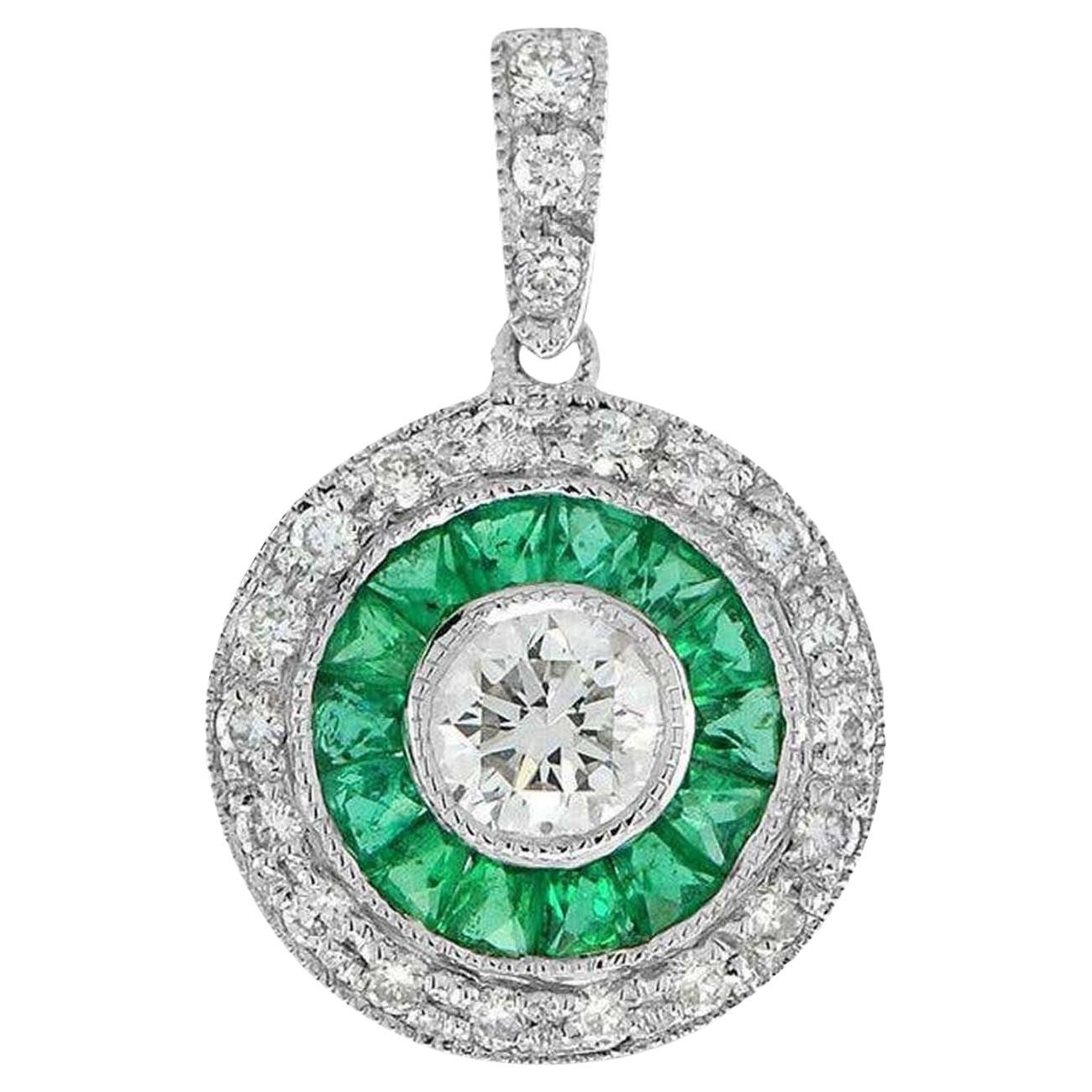 Art Deco Style Round Brilliant Diamond with Emerald Pendant in 18K White Gold For Sale