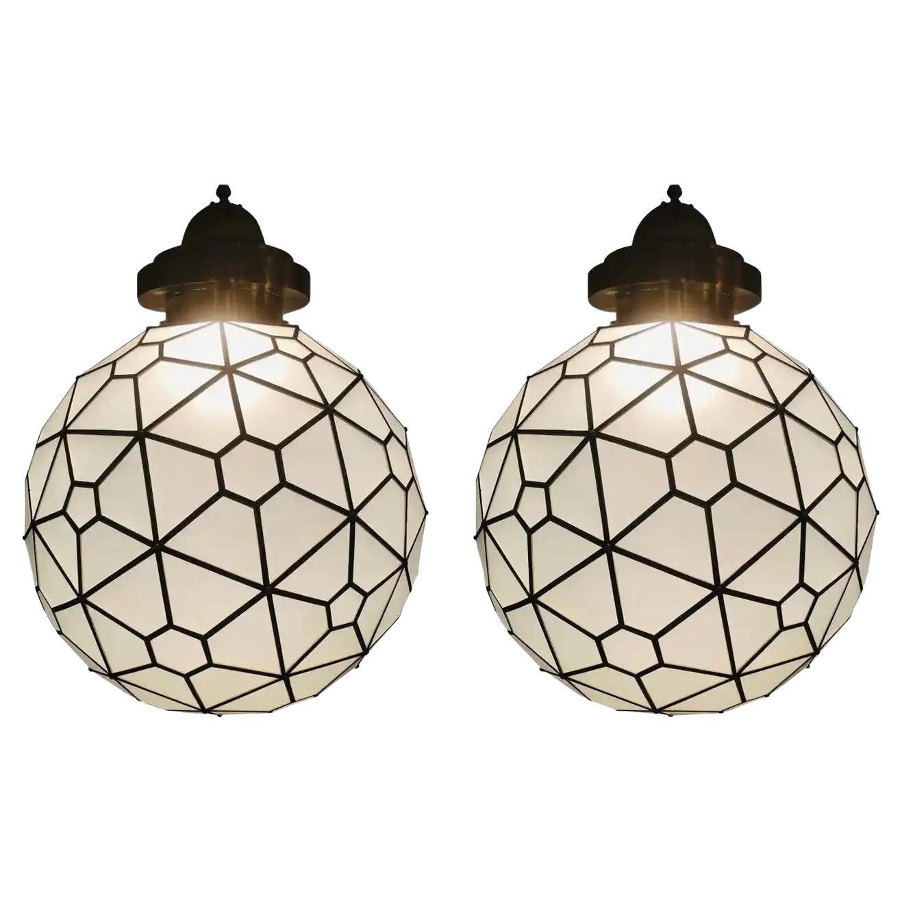 Art Deco Style Round Chandelier or Pendant, Milk Glass & Brass Inlay, a Pair