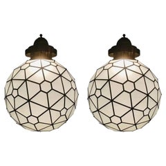 Art Deco Style Round Chandelier or Pendant, Milk Glass & Brass Inlay, a Pair