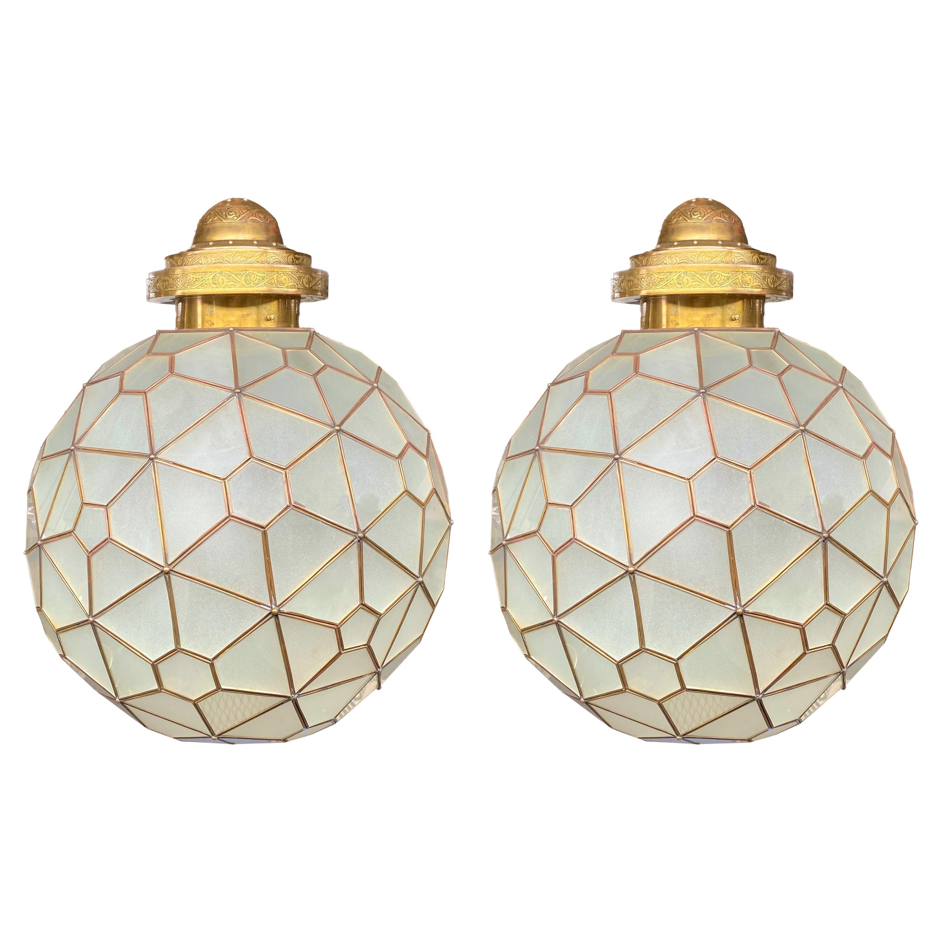 Art Deco Style Round Chandelier or Pendant, Milk Glass & Brass Inlay, a Pair